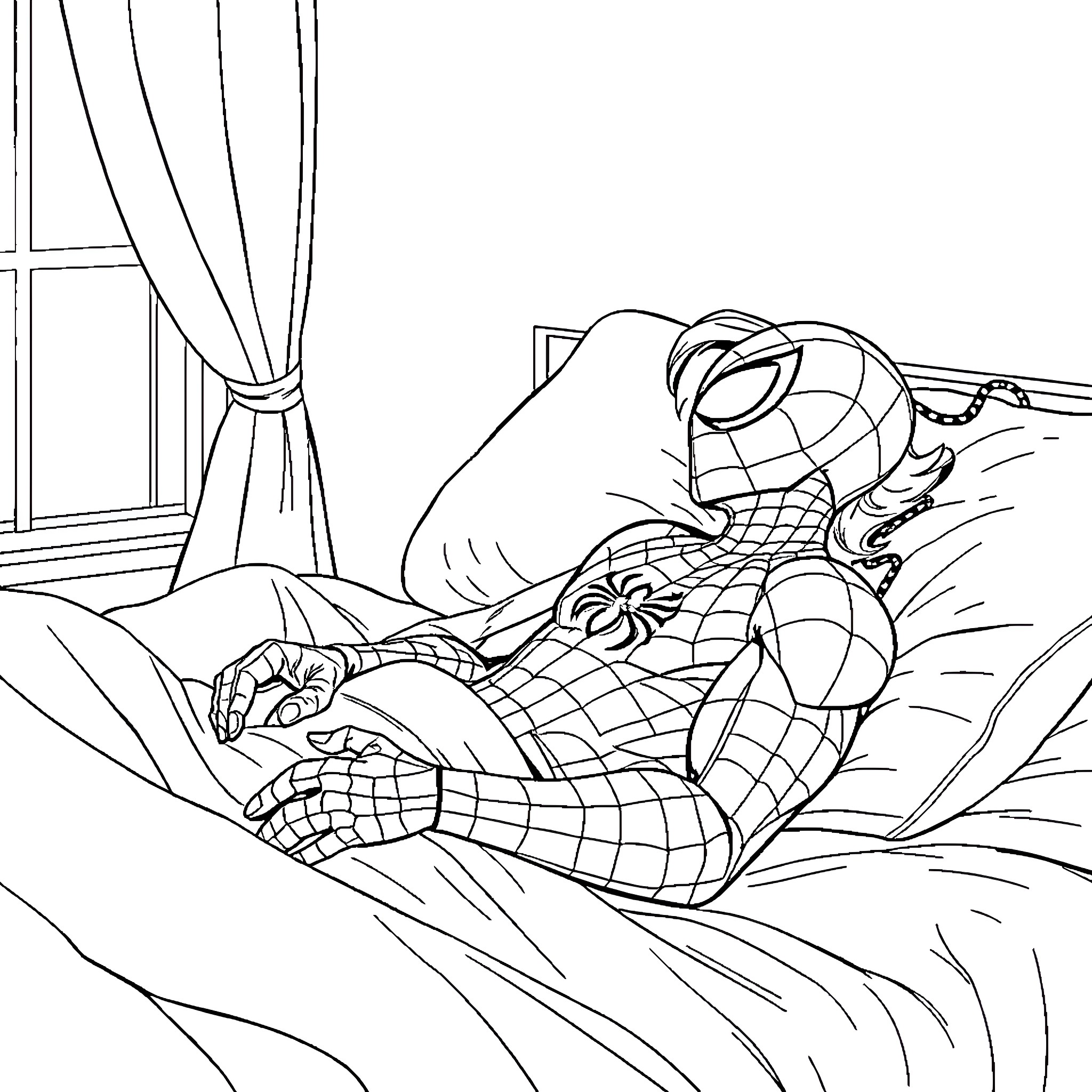 Spiderman resting and relaxing in his bedroom Coloring Page (free black-and-white line drawing printable PDF for all, from beginners to advanced learners, including children, teens, adults, and seniors)