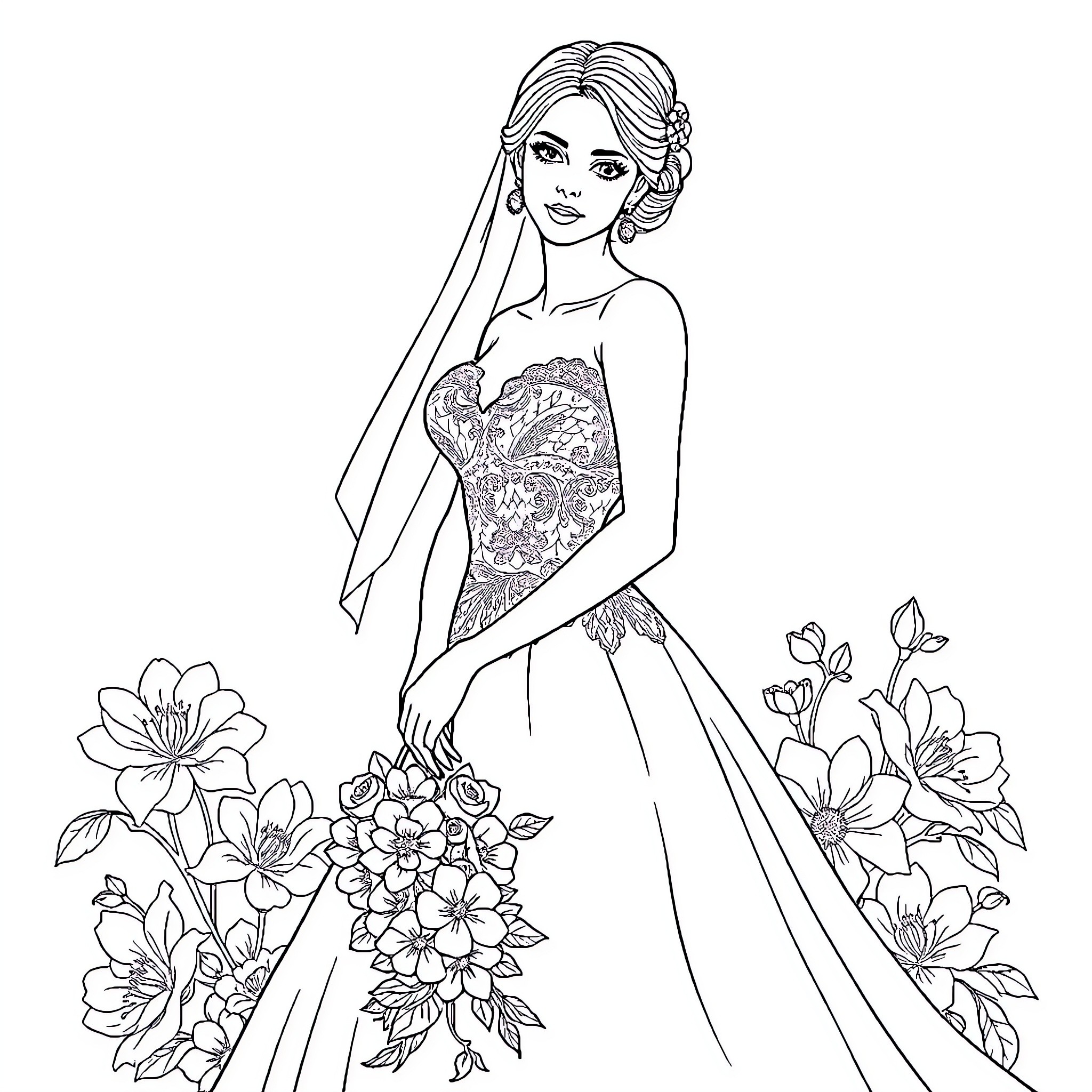 Woman in elegant dress surrounded by floral bouquet Coloring Page (free black-and-white line drawing printable PDF for all, from beginners to advanced learners, including children, teens, adults, and seniors)
