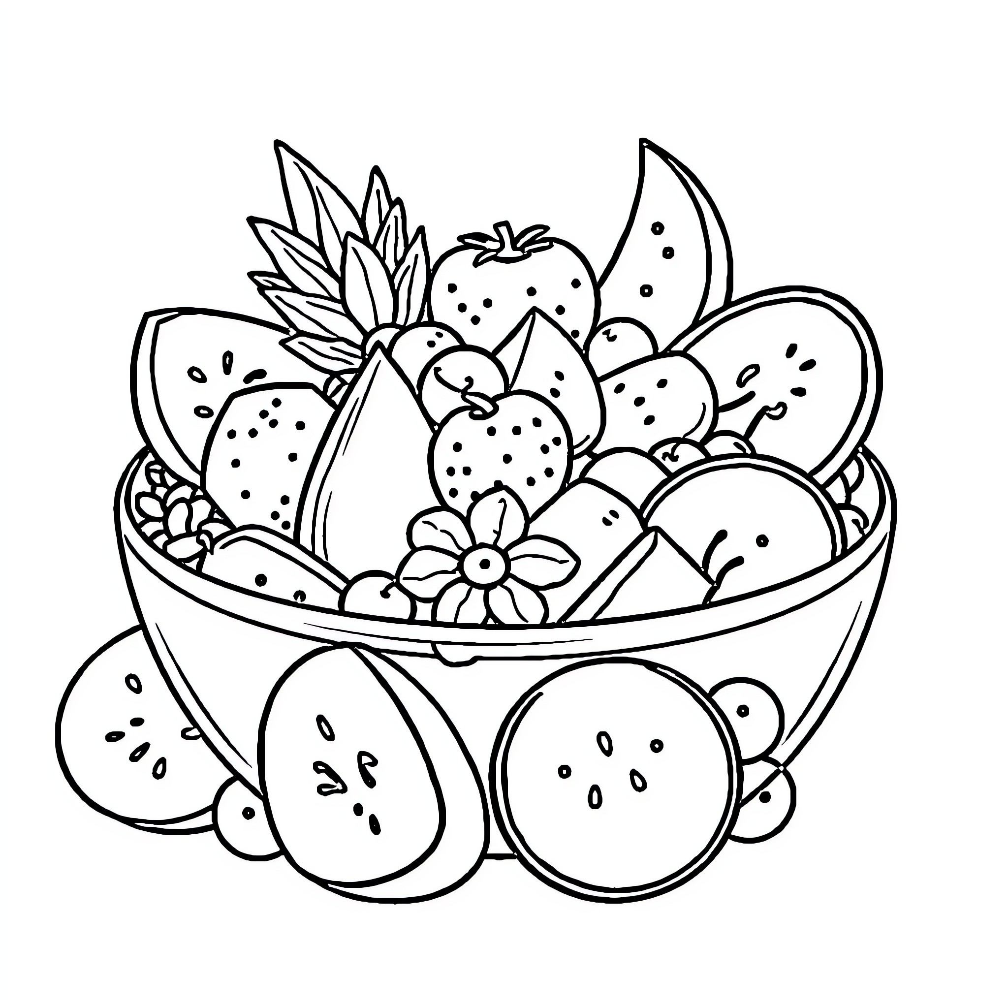 Fruit Salad Bowl with Tropical Flowers Coloring Page (free black-and-white line drawing printable PDF for all, from beginners to advanced learners, including children, teens, adults, and seniors)