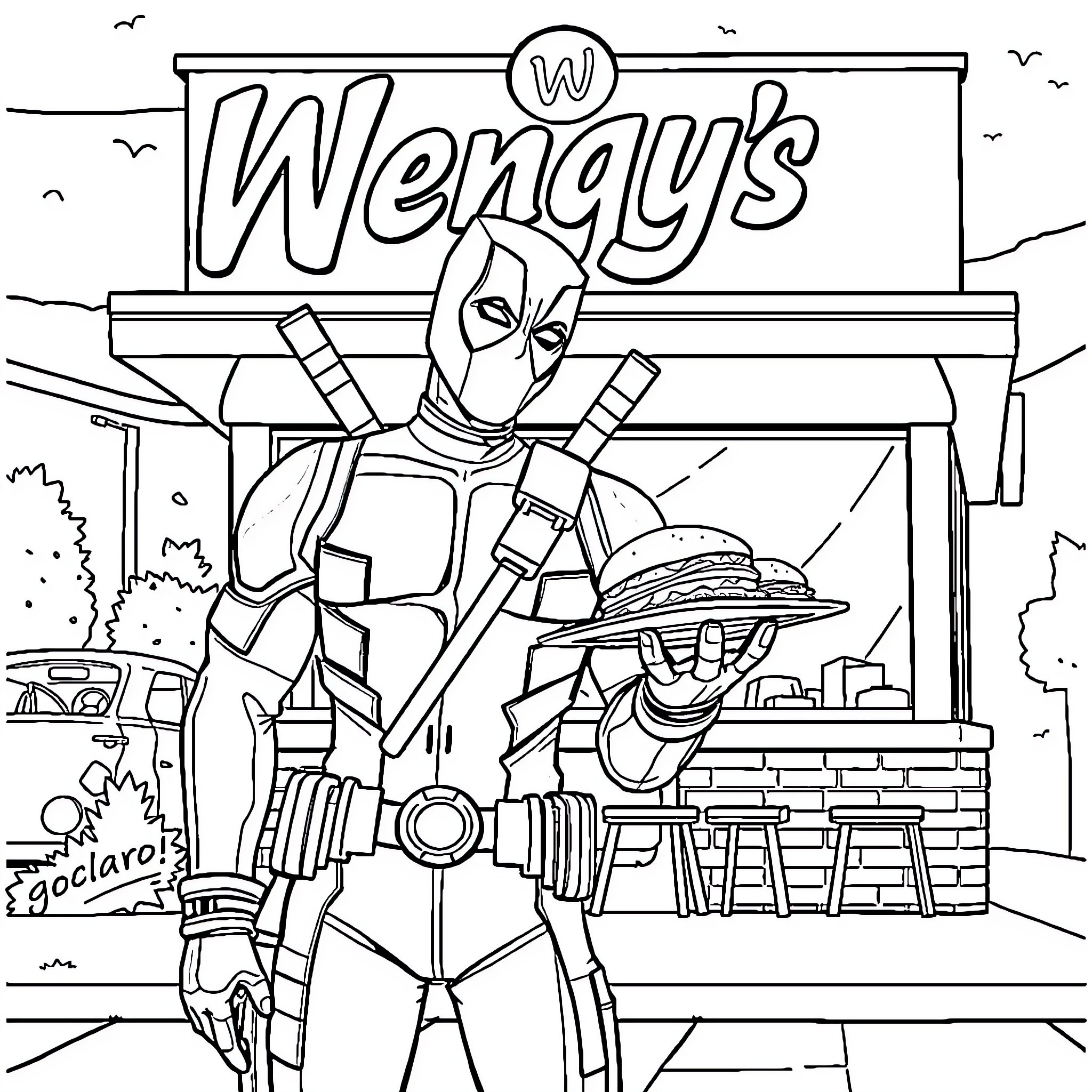 Deadpool Enjoying Wendy's Hamburger at Restaurant Coloring Page (free black-and-white line drawing printable PDF for all, from beginners to advanced learners, including children, teens, adults, and seniors)