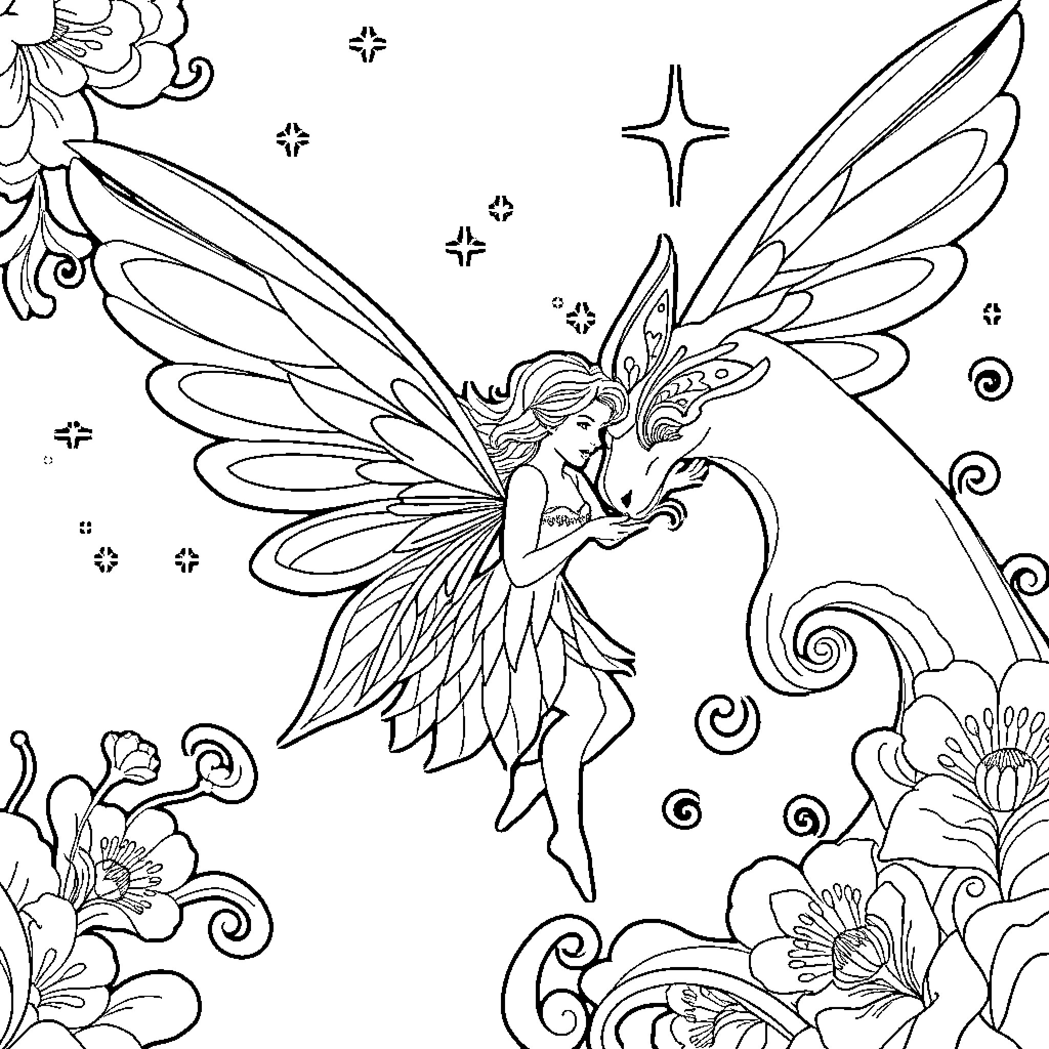 Feemagical fairy dancing with unicorn Coloring Page (free black-and-white line drawing printable PDF for all, from beginners to advanced learners, including children, teens, adults, and seniors)