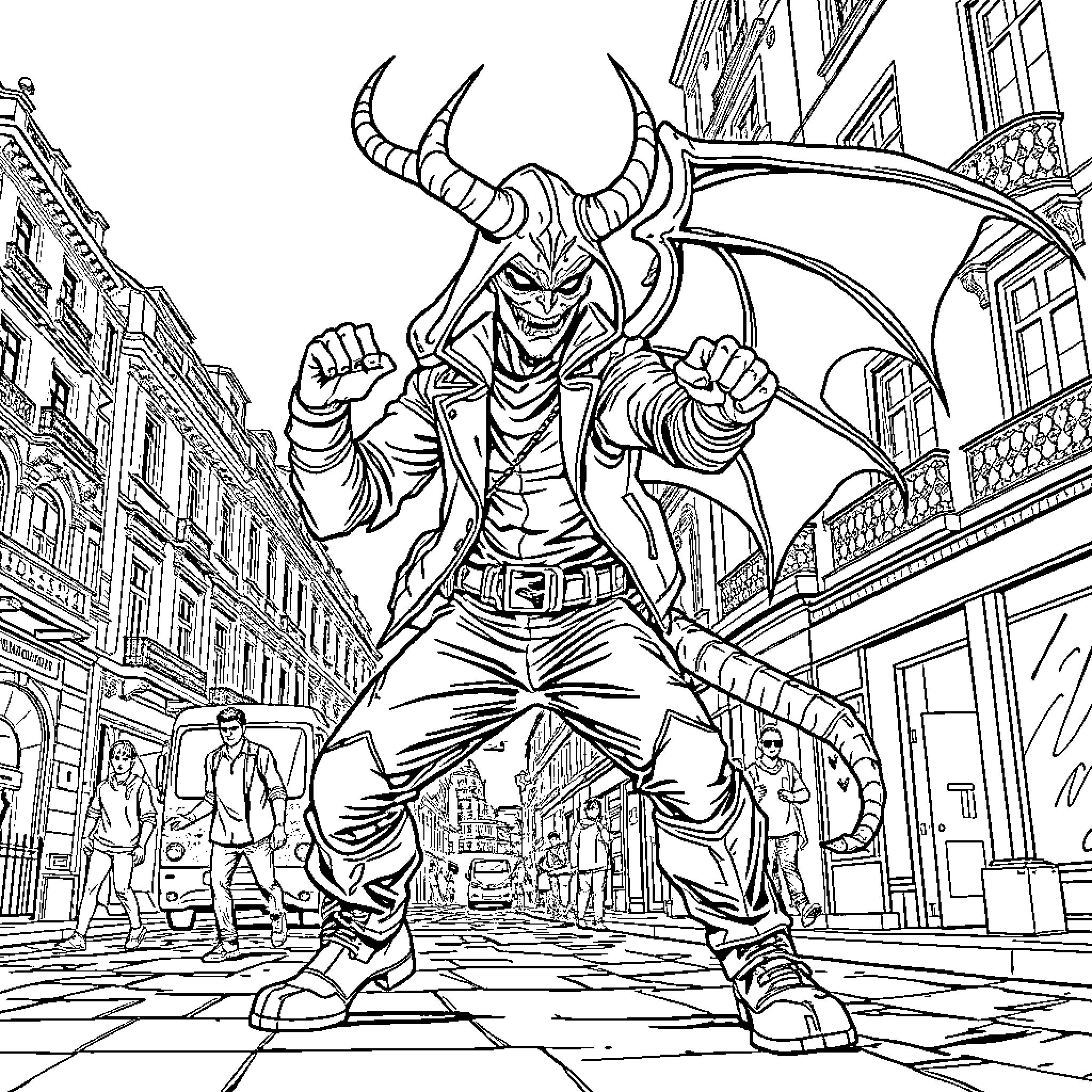 Demon Hunter battles with determination in the city streets Coloring Page (free black-and-white line drawing printable PDF for all, from beginners to advanced learners, including children, teens, adults, and seniors)