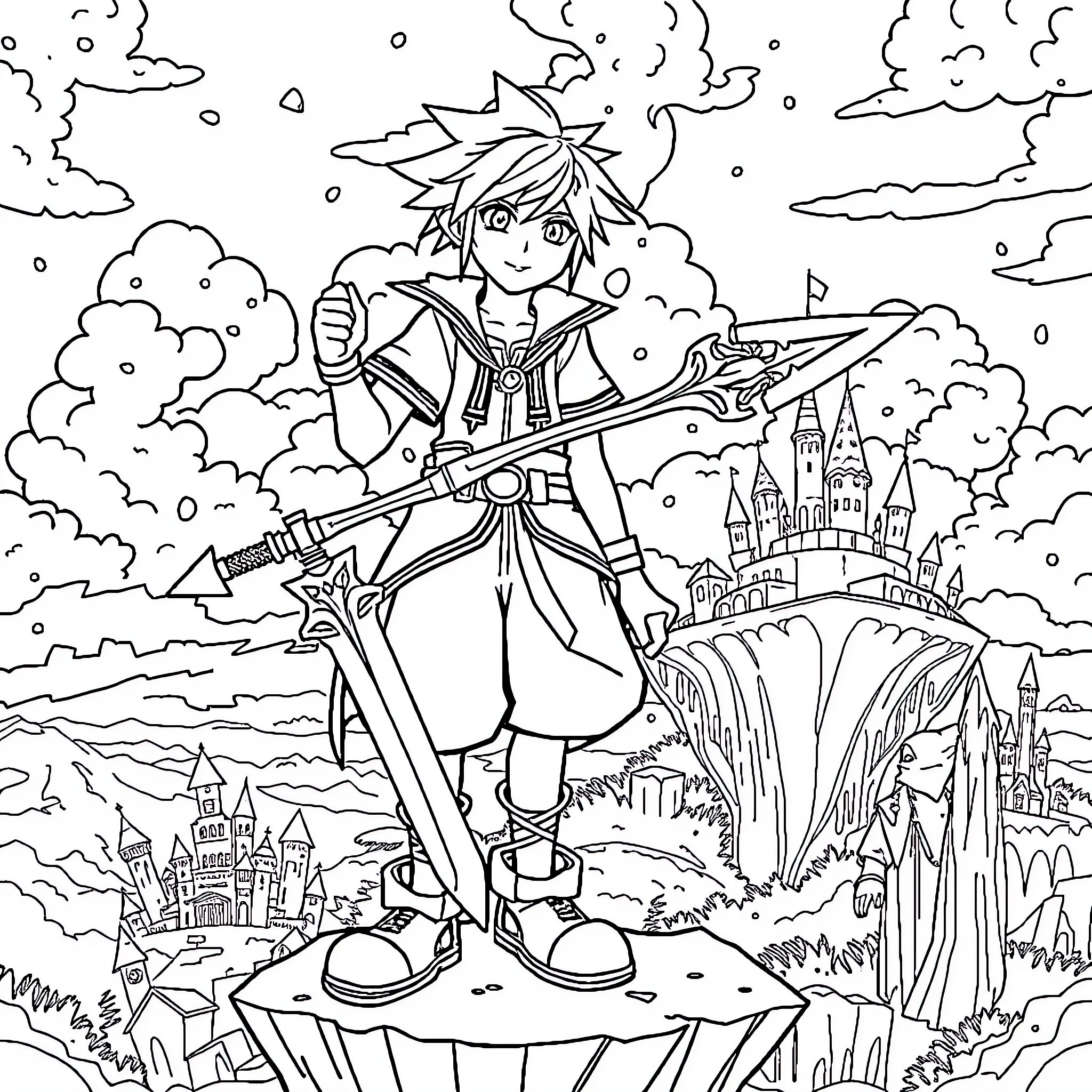 Sora's Adventurous Journey in a Fantastical World Coloring Page (free black-and-white line drawing printable PDF for all, from beginners to advanced learners, including children, teens, adults, and seniors)