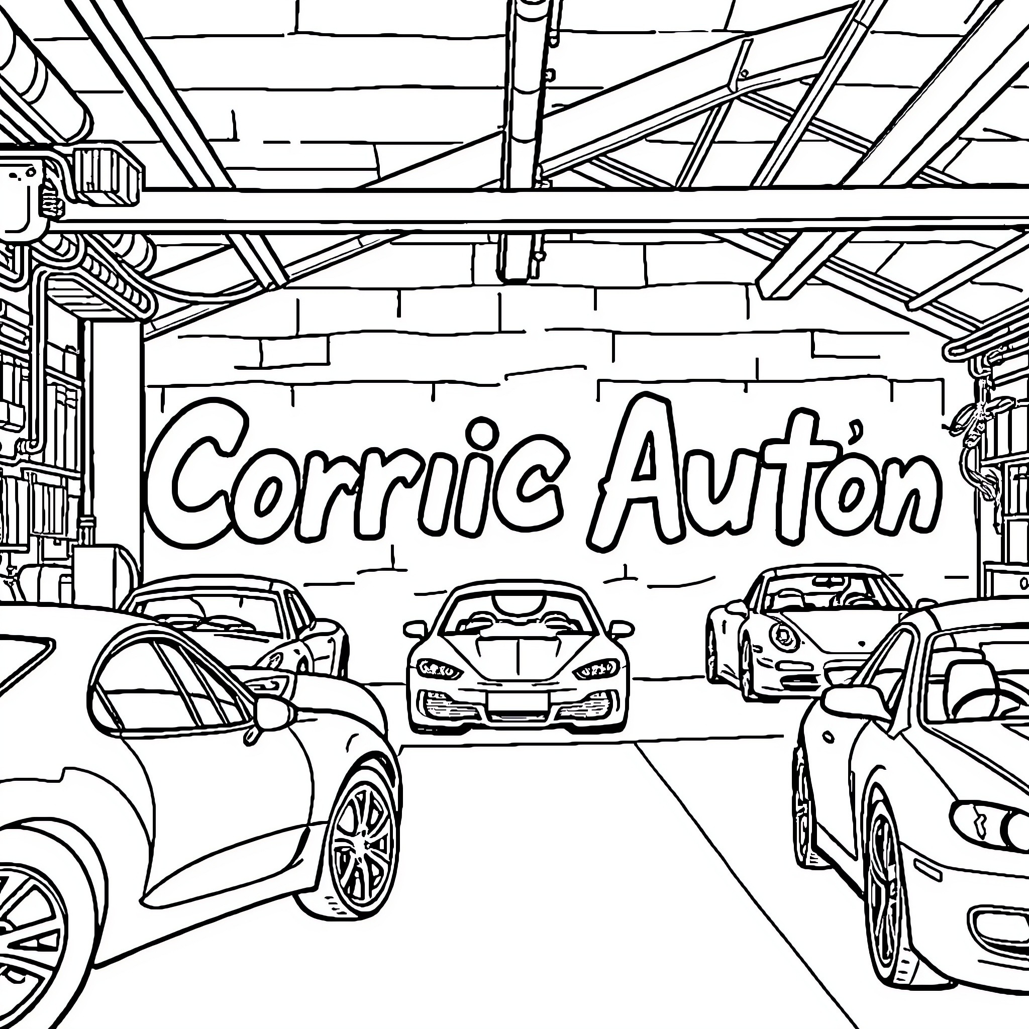 Garage filled with various car models Coloring Page (free black-and-white line drawing printable PDF for all, from beginners to advanced learners, including children, teens, adults, and seniors)