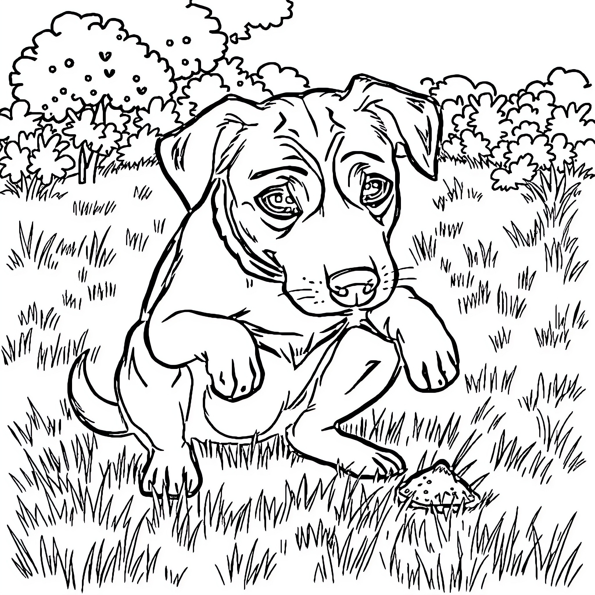 Dog exploring the outdoors in nature Coloring Page (free black-and-white line drawing printable PDF for all, from beginners to advanced learners, including children, teens, adults, and seniors)