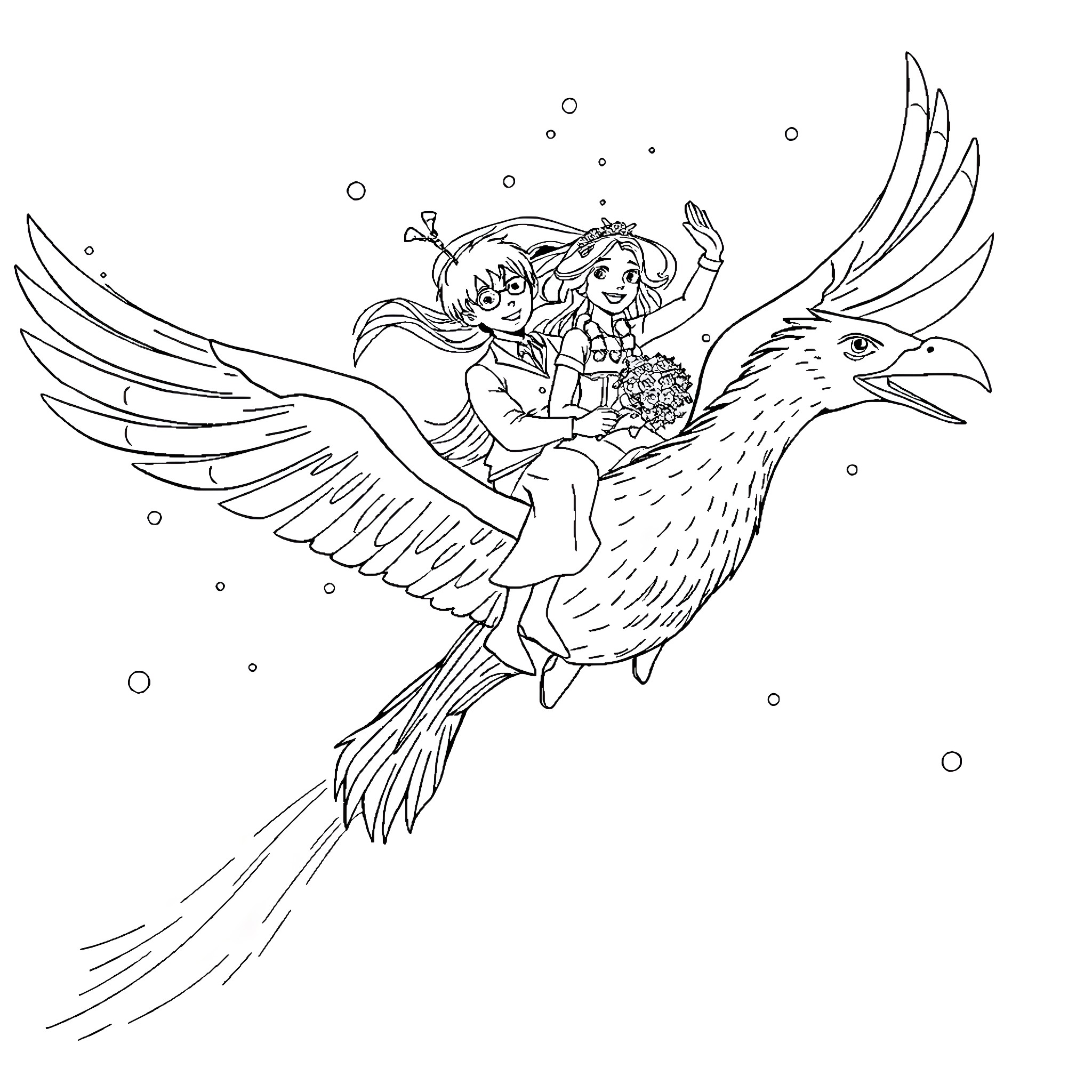 Hippogriff carrying children on a magical journey Coloring Page (free black-and-white line drawing printable PDF for all, from beginners to advanced learners, including children, teens, adults, and seniors)