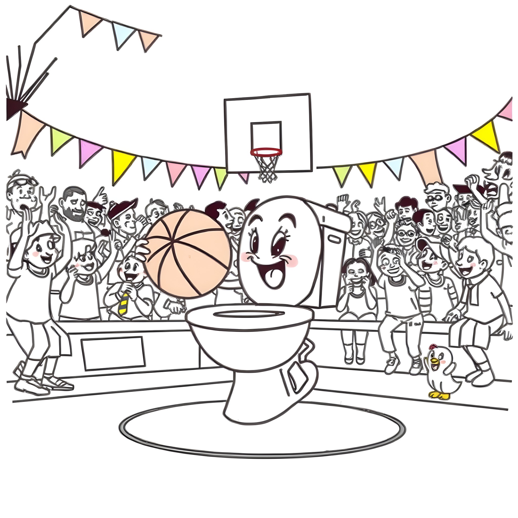 Skibiddy Toilet: Festive Sports Game Event Coloring Page (free black-and-white line drawing printable PDF for all, from beginners to advanced learners, including children, teens, adults, and seniors)