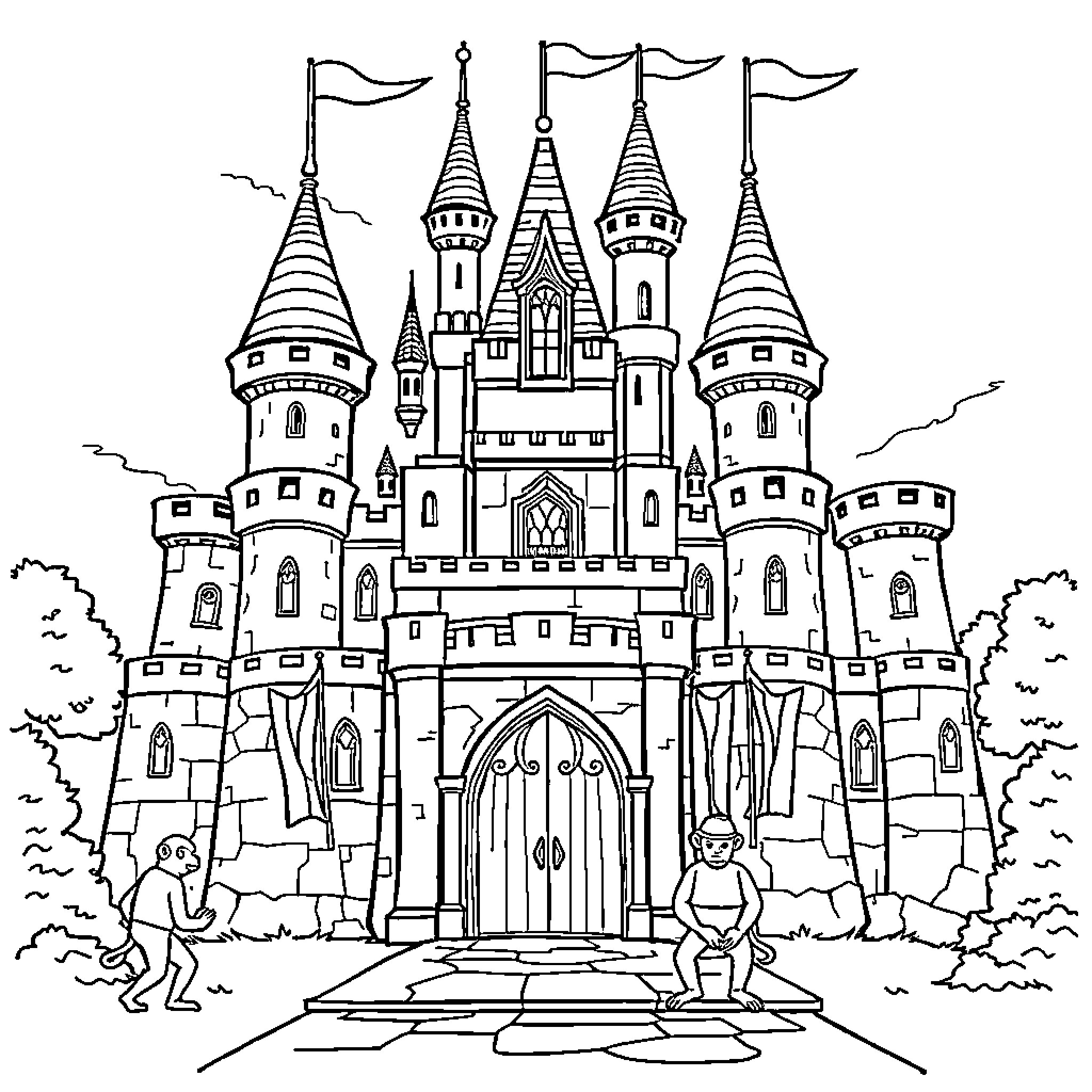 Castle with Whimsical Turrets and Flags Coloring Page (free black-and-white line drawing printable PDF for all, from beginners to advanced learners, including children, teens, adults, and seniors)