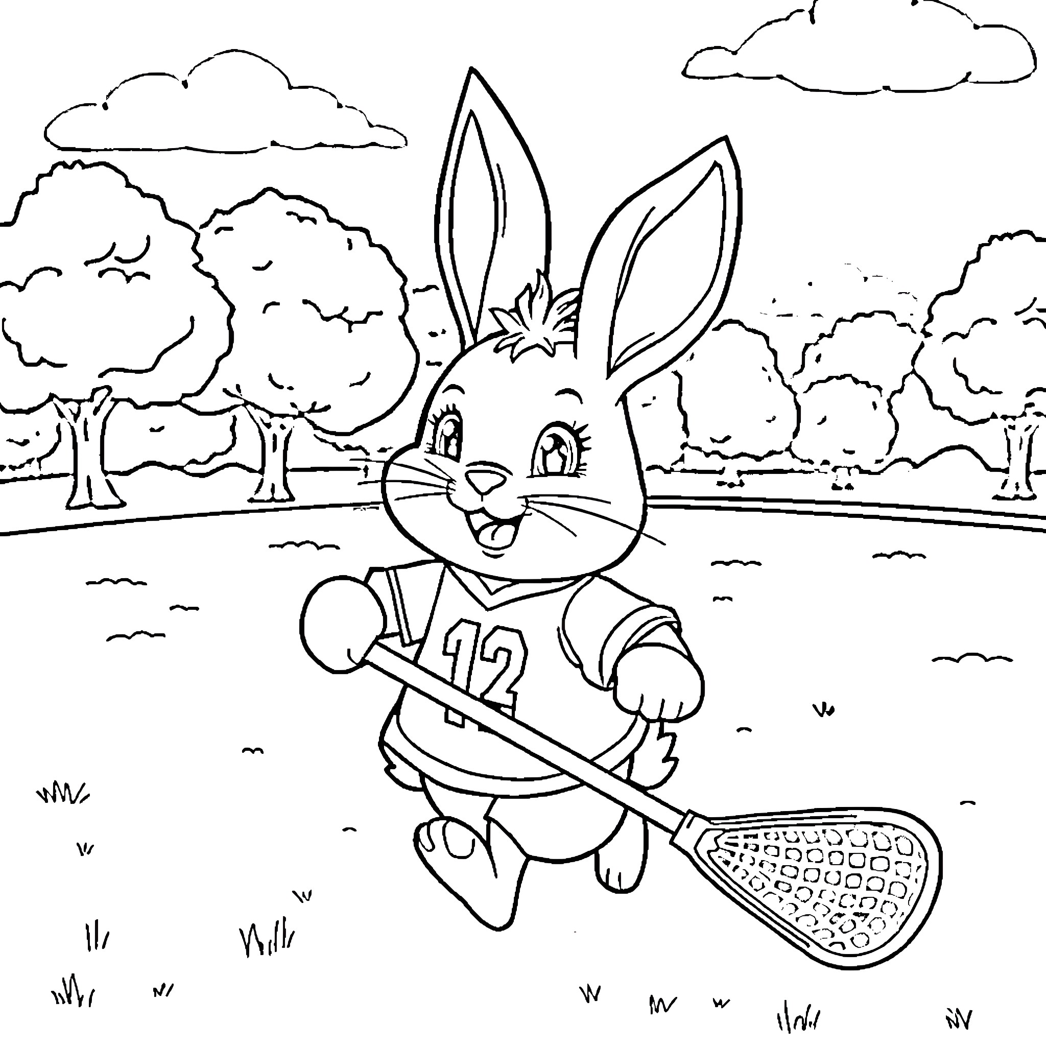 Bunny playing with a tennis racket in the park Coloring Page (free black-and-white line drawing printable PDF for all, from beginners to advanced learners, including children, teens, adults, and seniors)