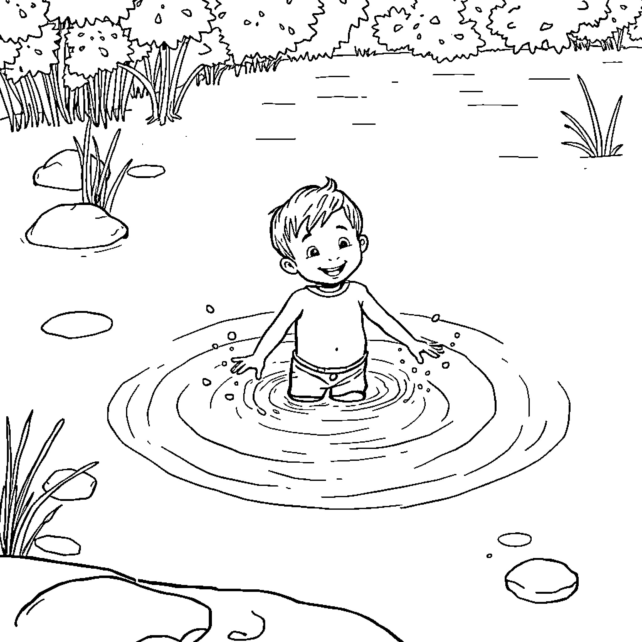 Boy splashing in a pond Coloring Page (free black-and-white line drawing printable PDF for all, from beginners to advanced learners, including children, teens, adults, and seniors)