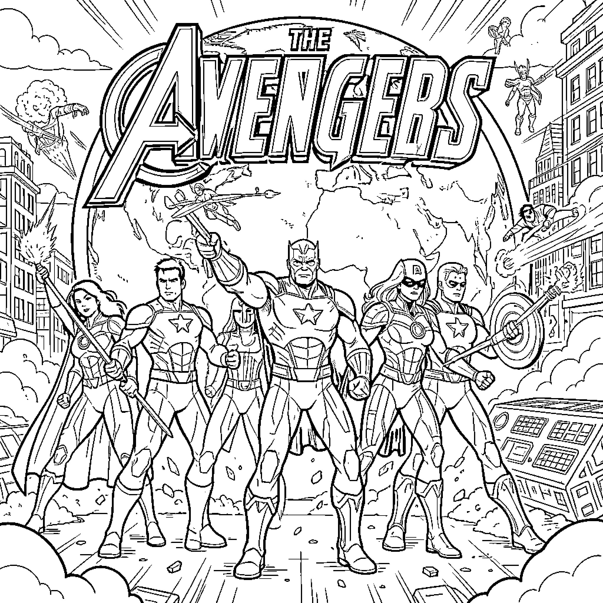 Avengers heroes posing heroically in a city setting Coloring Page (free black-and-white line drawing printable PDF for all, from beginners to advanced learners, including children, teens, adults, and seniors)