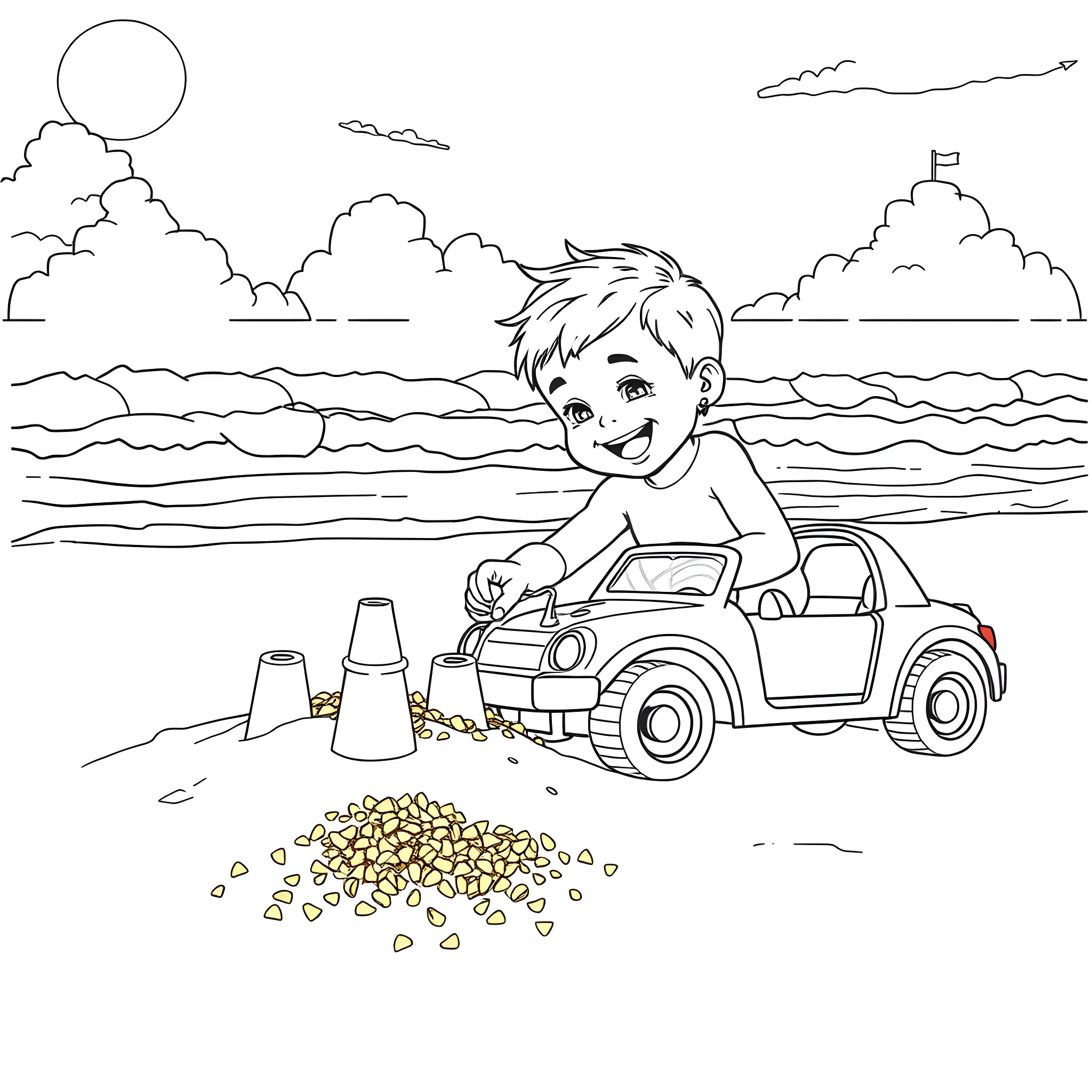 Car Boy playing at the beach Coloring Page (free black-and-white line drawing printable PDF for all, from beginners to advanced learners, including children, teens, adults, and seniors)