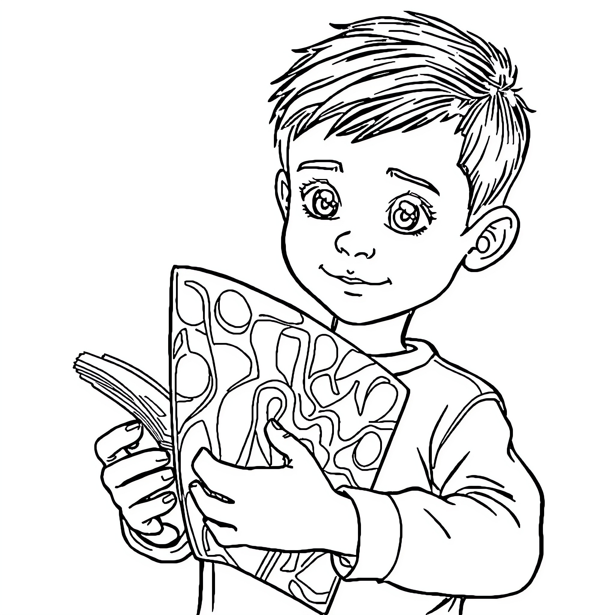 Boy reading a book intently Coloring Page (free black-and-white line drawing printable PDF for all, from beginners to advanced learners, including children, teens, adults, and seniors)