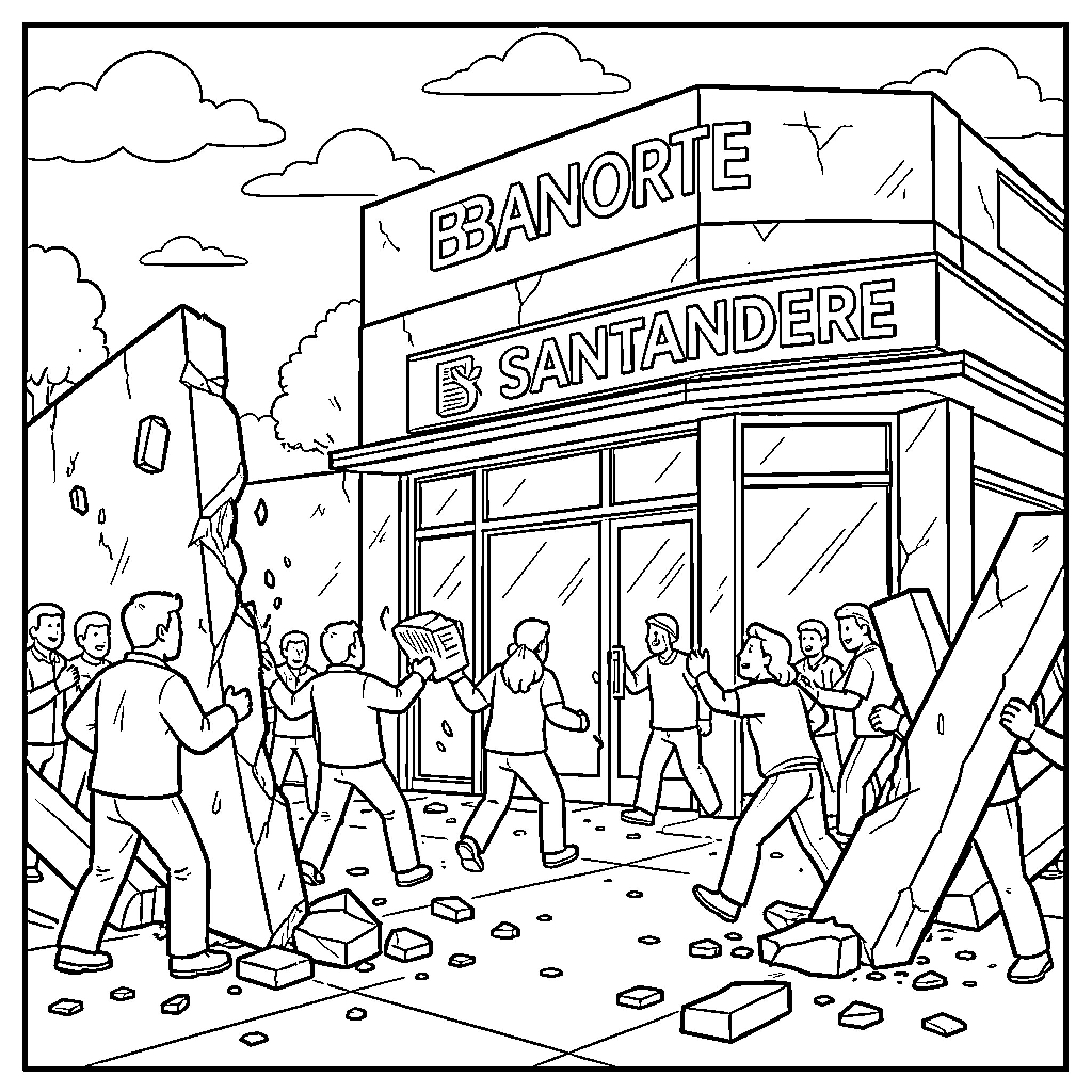Banorte bank branch in a state of unrest Coloring Page (free black-and-white line drawing printable PDF for all, from beginners to advanced learners, including children, teens, adults, and seniors)