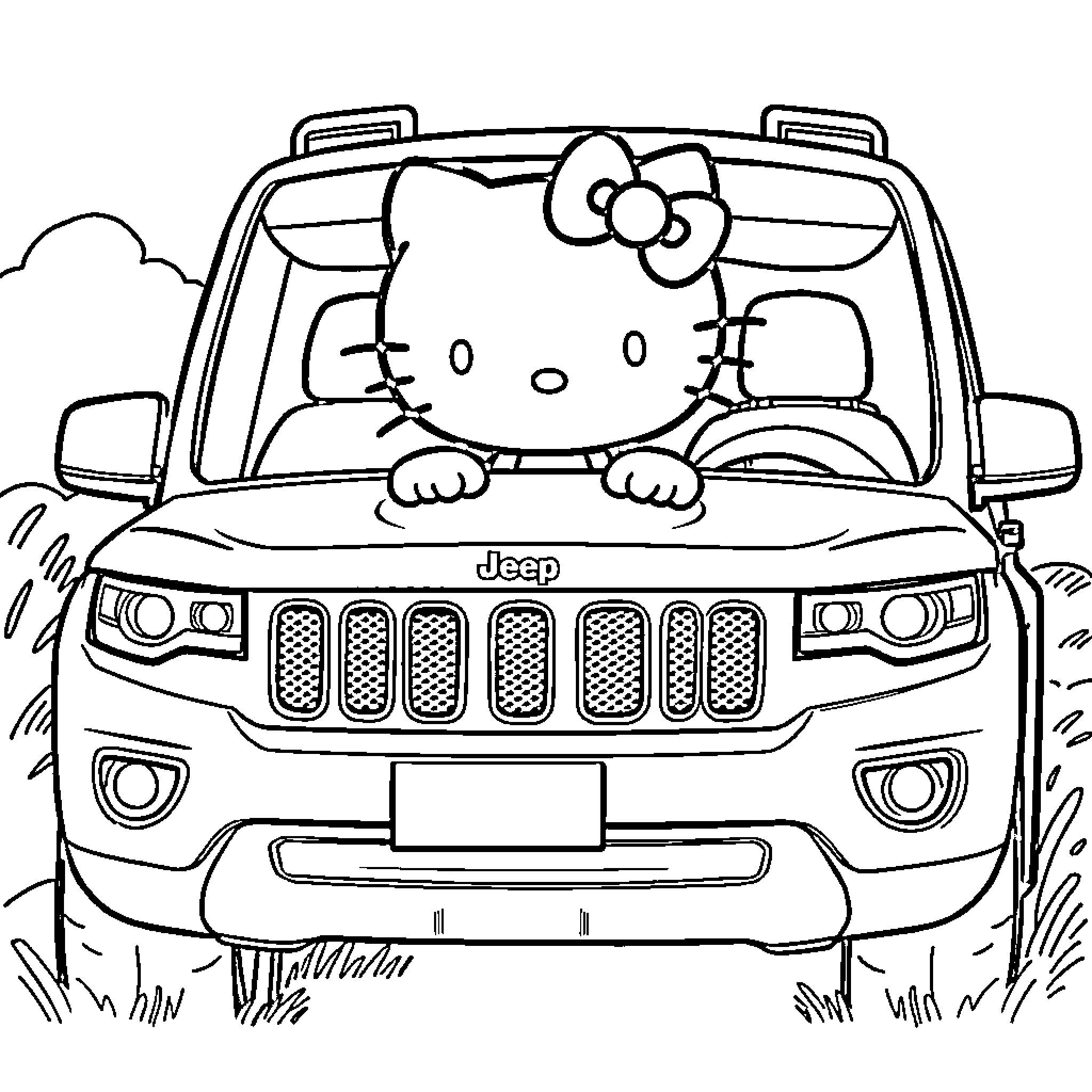 Hello Kitty driving a Jeep with adventure Coloring Page (free black-and-white line drawing printable PDF for all, from beginners to advanced learners, including children, teens, adults, and seniors)