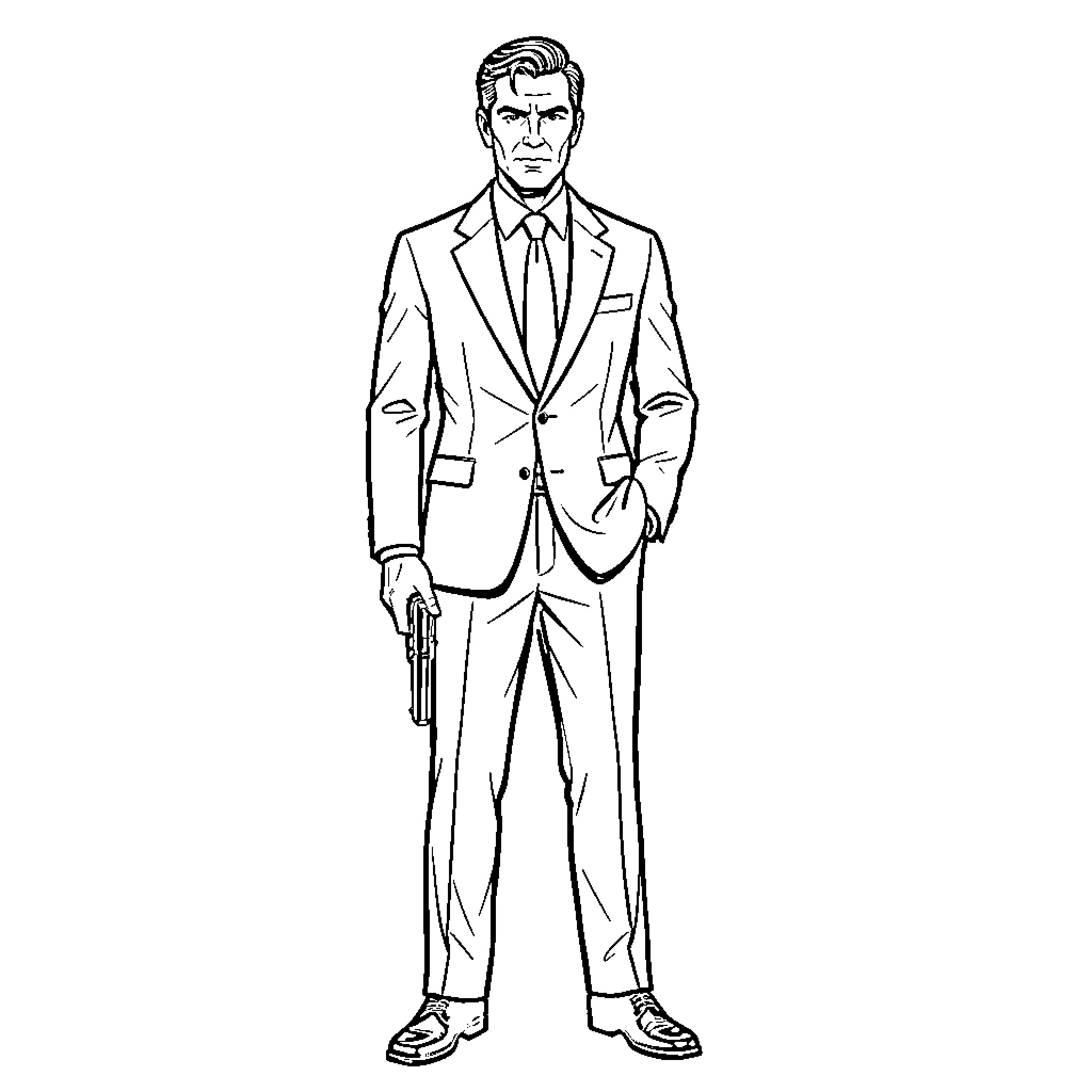 James Bond standing confidently in a formal suit Coloring Page (free black-and-white line drawing printable PDF for all, from beginners to advanced learners, including children, teens, adults, and seniors)