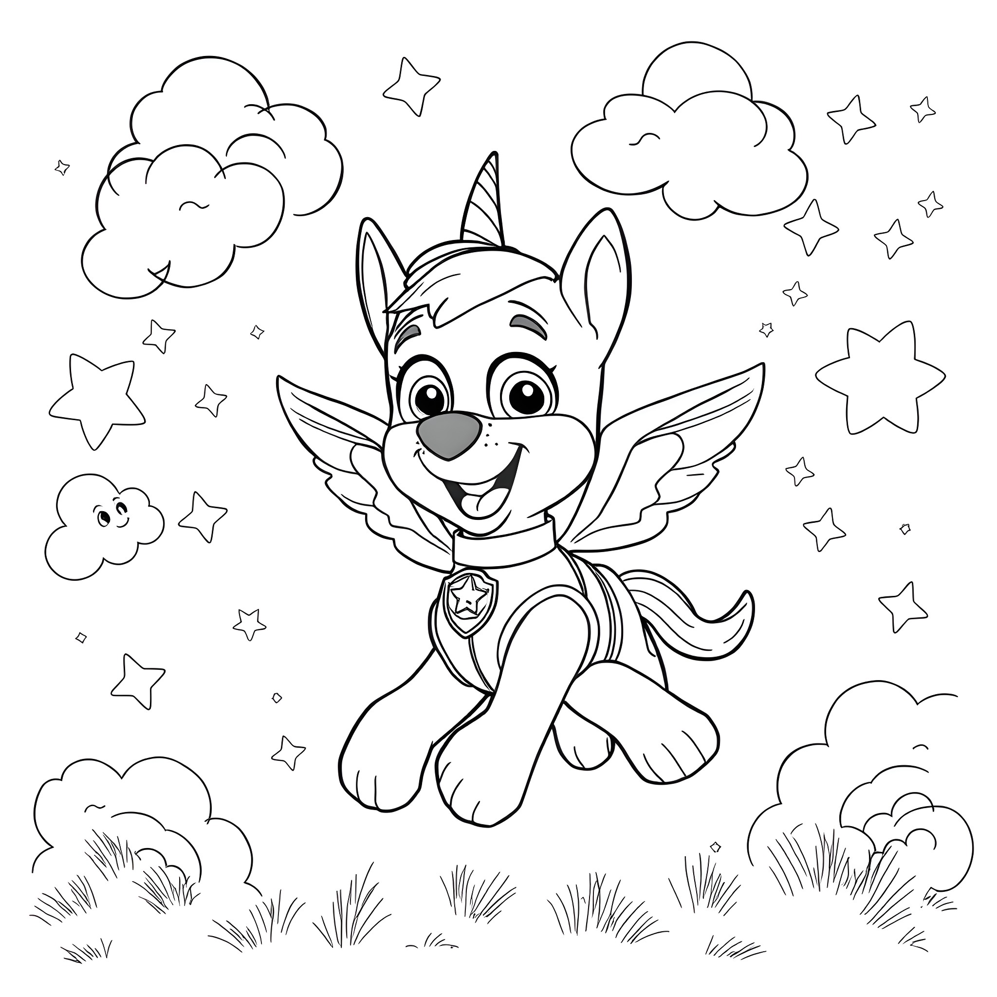 Chase the Playful Pup's Starry Adventure Coloring Page (free black-and-white line drawing printable PDF for all, from beginners to advanced learners, including children, teens, adults, and seniors)