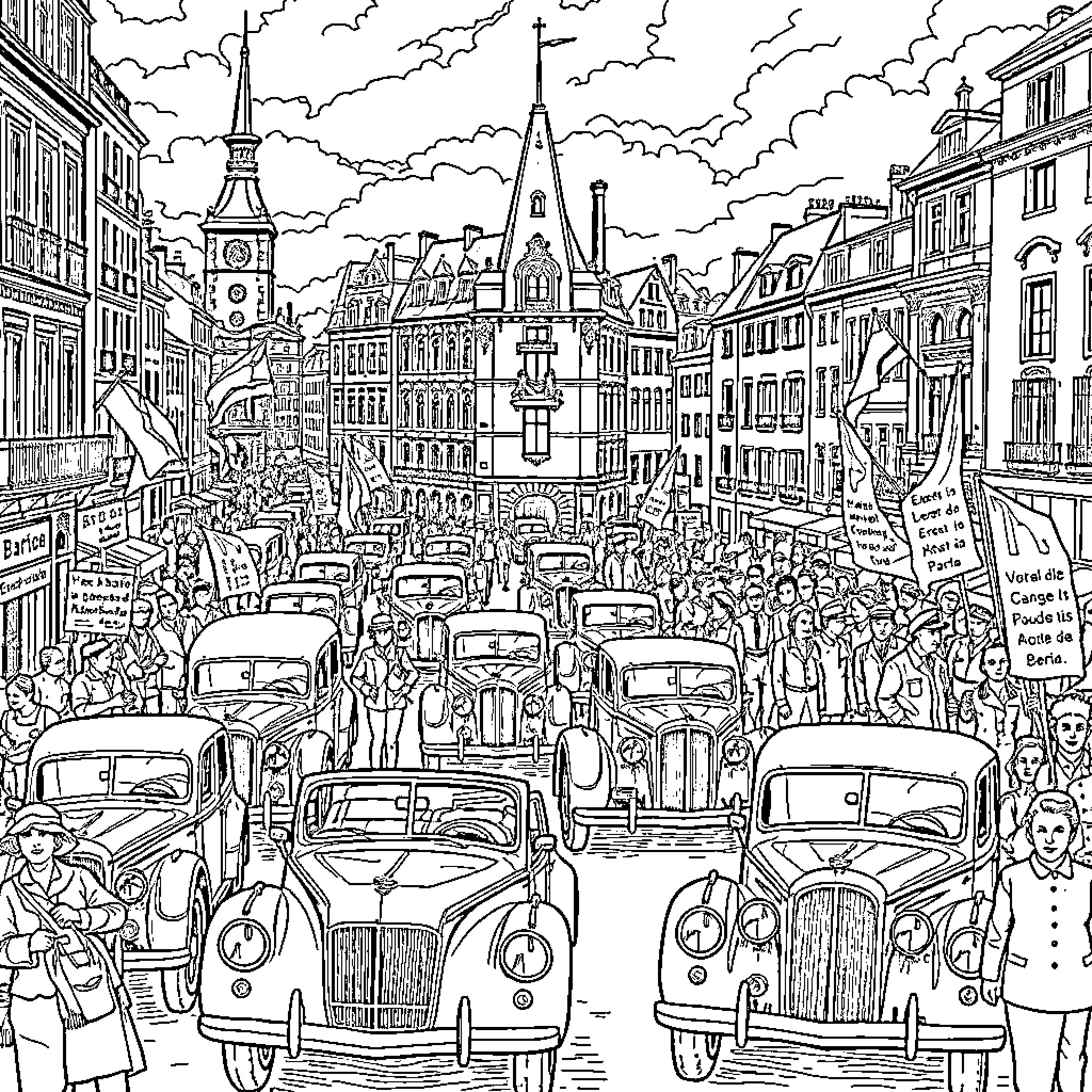Europe Bustling City Scene with Historic Architecture Coloring Page (free black-and-white line drawing printable PDF for all, from beginners to advanced learners, including children, teens, adults, and seniors)