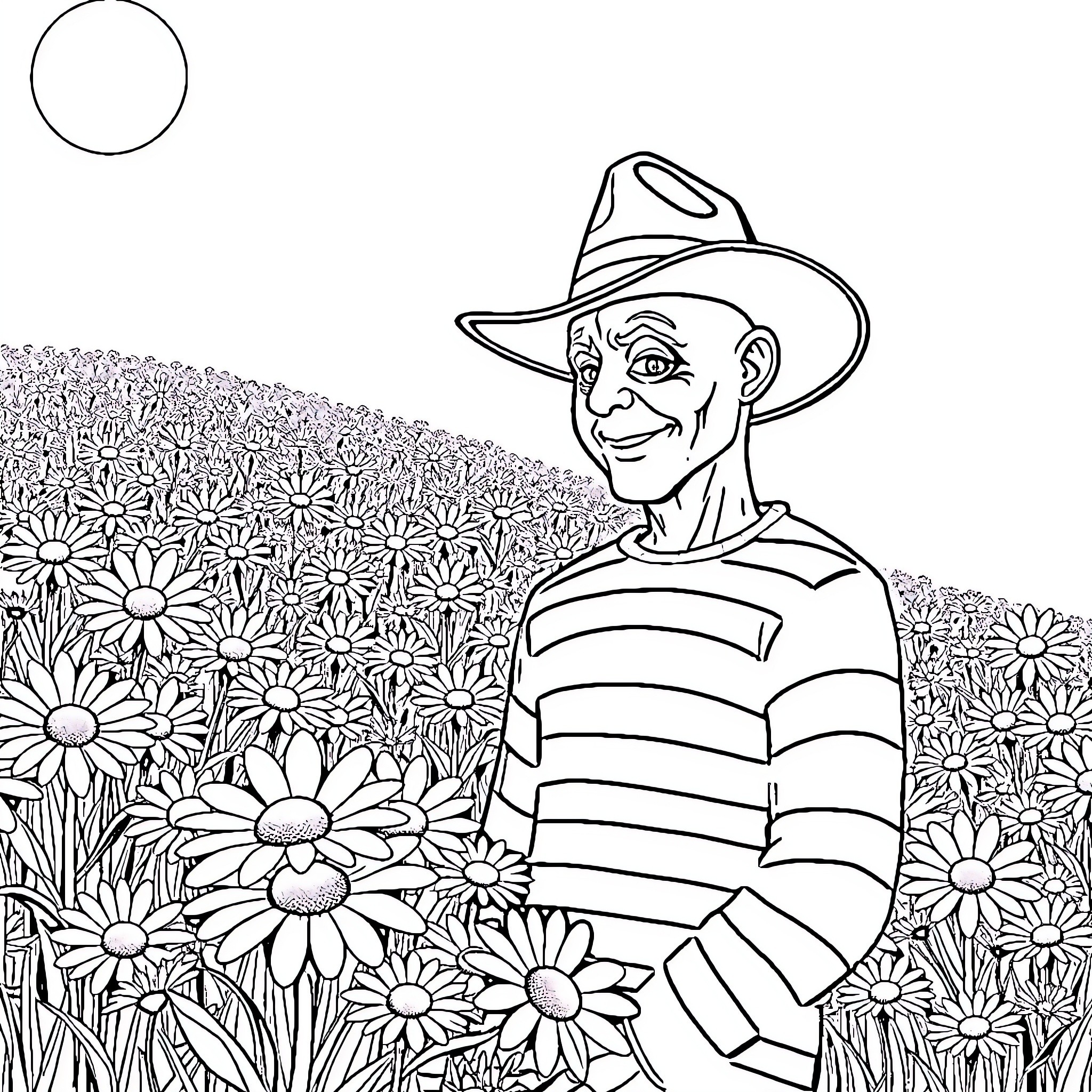 Freddy Krueger enjoying a sunny field of flowers Coloring Page (free black-and-white line drawing printable PDF for all, from beginners to advanced learners, including children, teens, adults, and seniors)