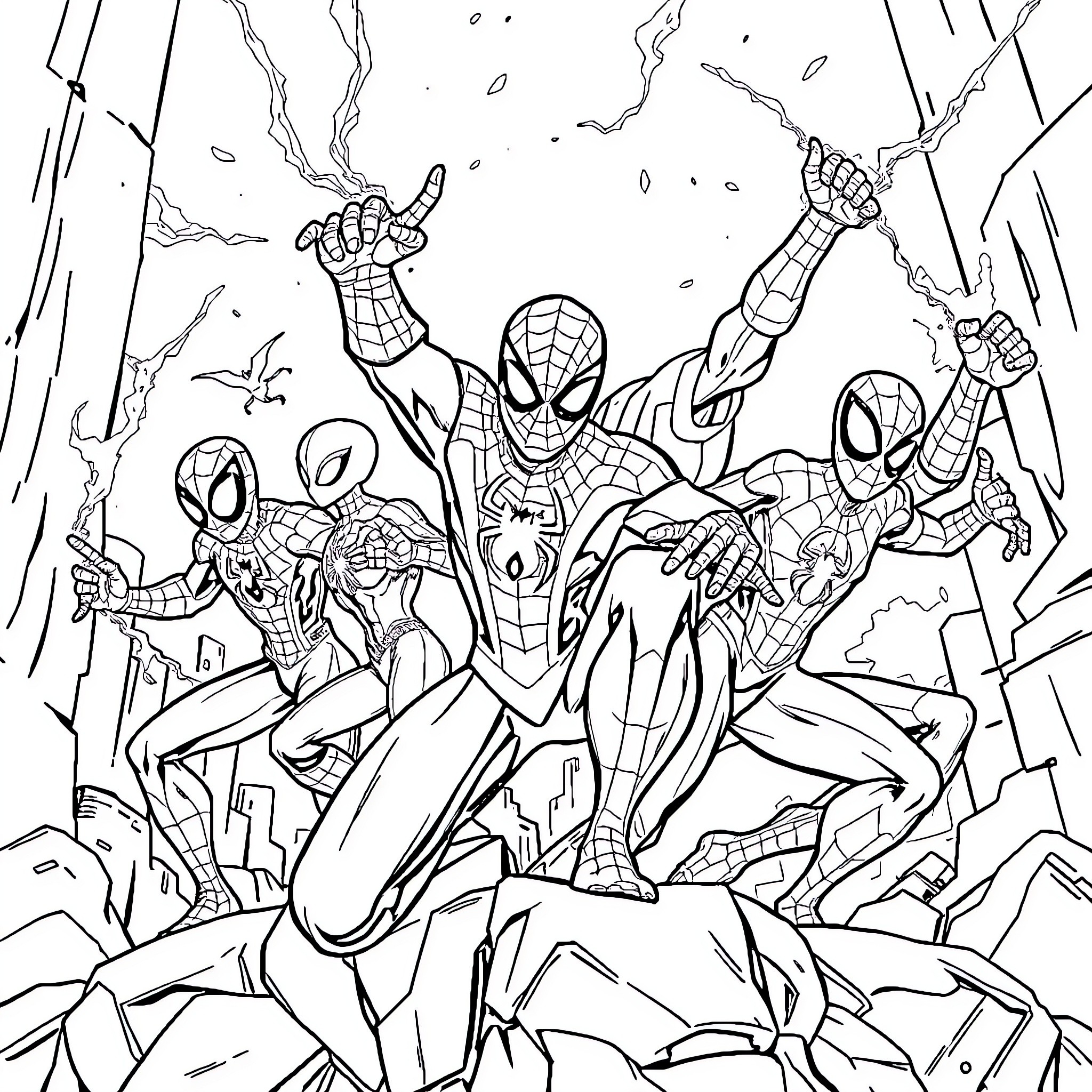 Spider heroes saving the day in action-packed scene Coloring Page (free black-and-white line drawing printable PDF for all, from beginners to advanced learners, including children, teens, adults, and seniors)