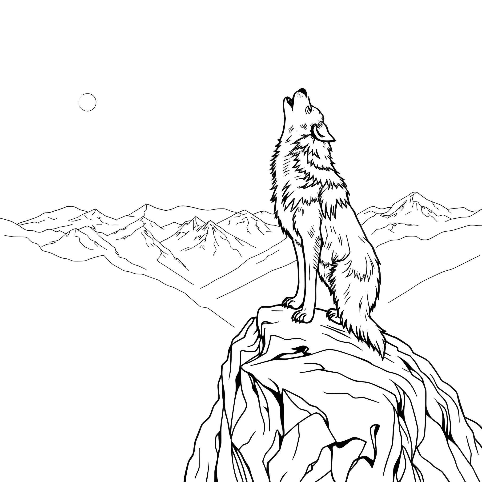 Wolf howling at the moon in the mountains Coloring Page (free black-and-white line drawing printable PDF for all, from beginners to advanced learners, including children, teens, adults, and seniors)