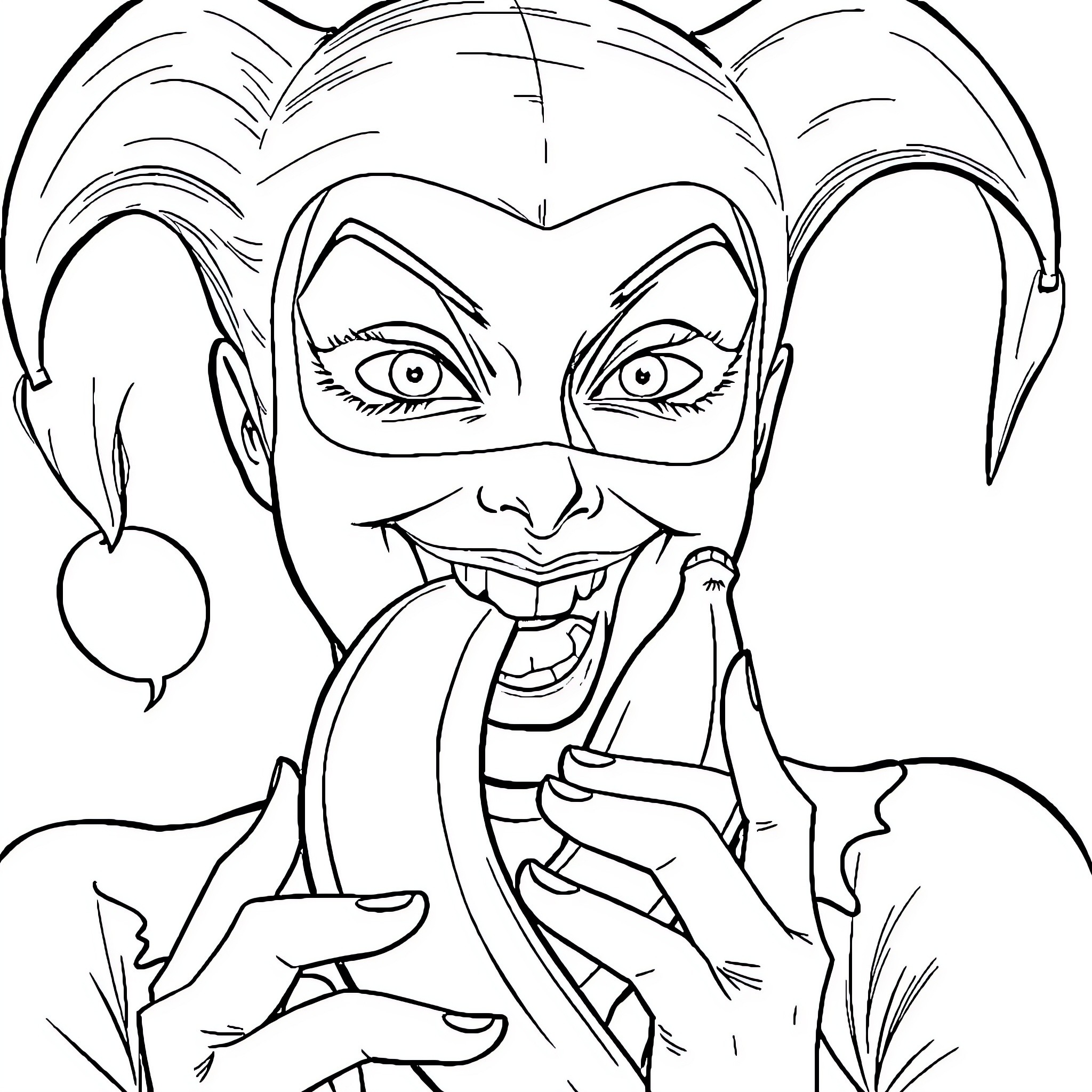 Harley Quinn scheming with mischievous expression Coloring Page (free black-and-white line drawing printable PDF for all, from beginners to advanced learners, including children, teens, adults, and seniors)