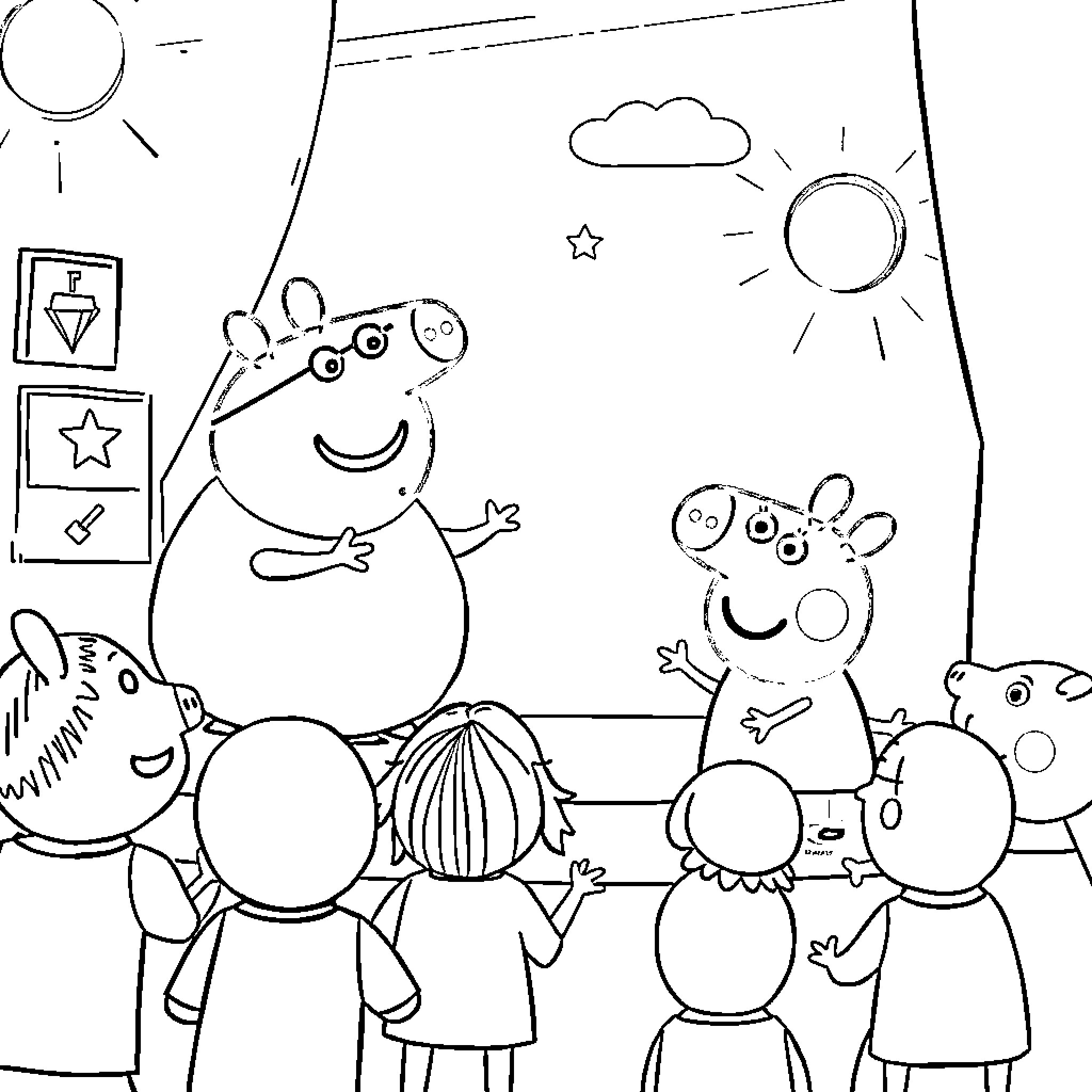 Peppa Pig and Friends Enjoying a Sunny Day Coloring Page (free black-and-white line drawing printable PDF for all, from beginners to advanced learners, including children, teens, adults, and seniors)
