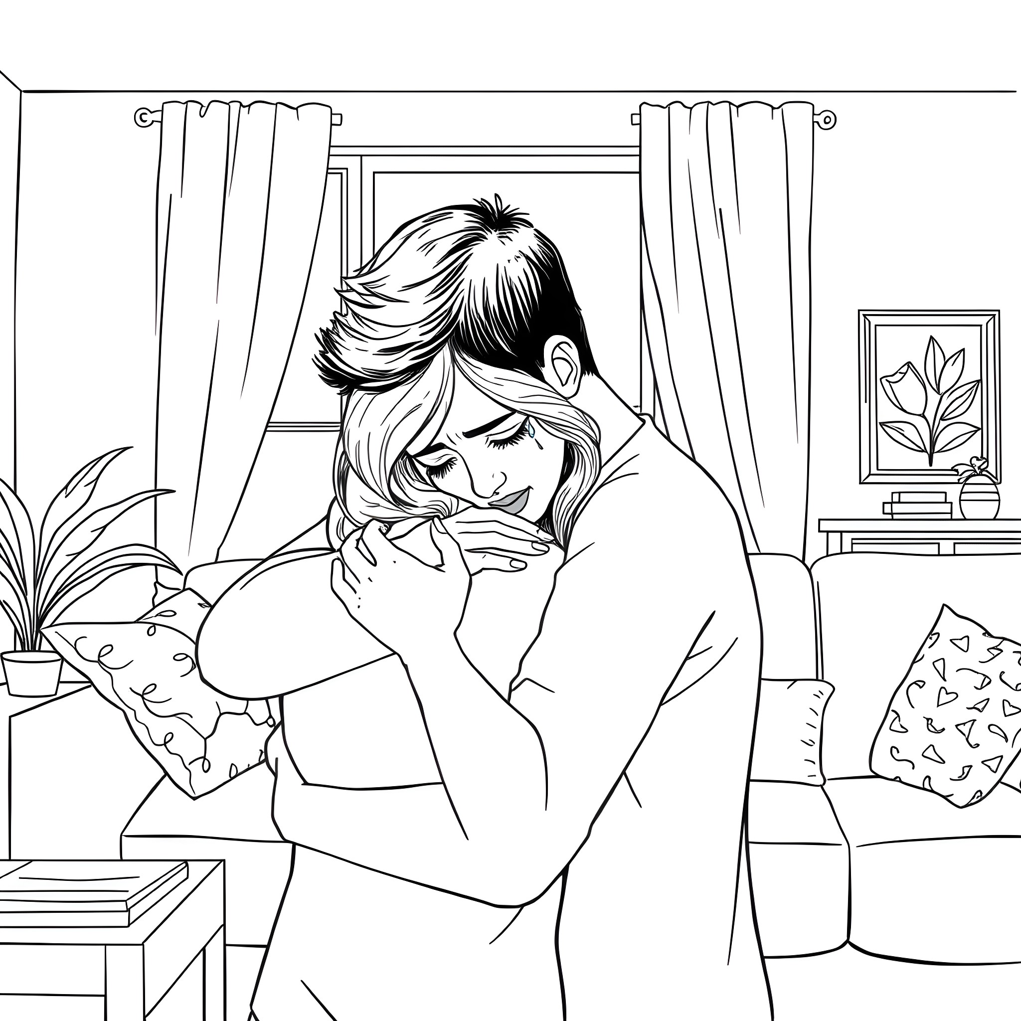 Husband comforting wife in distress Coloring Page (free black-and-white line drawing printable PDF for all, from beginners to advanced learners, including children, teens, adults, and seniors)