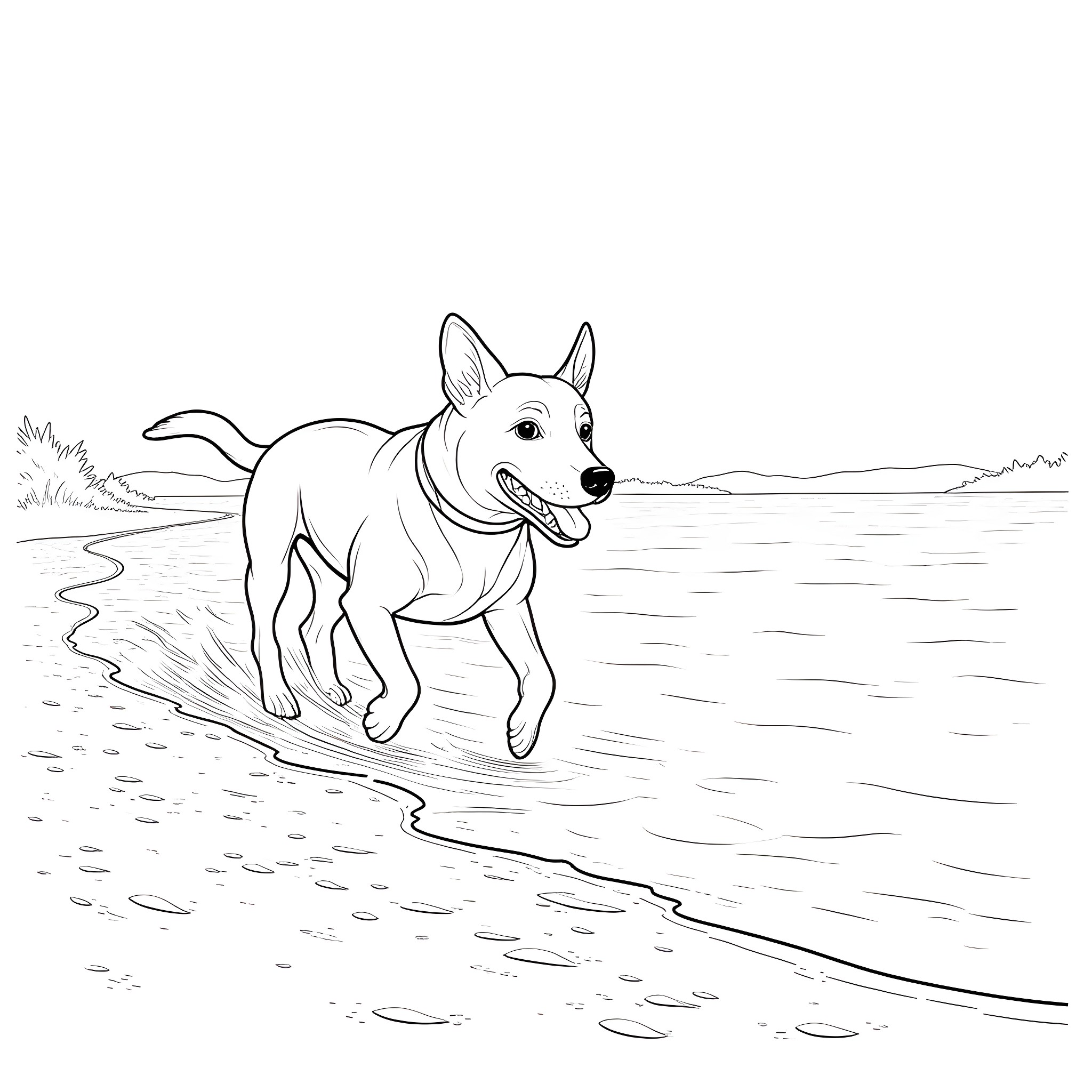 Dog running happily on the beach Coloring Page (free black-and-white line drawing printable PDF for all, from beginners to advanced learners, including children, teens, adults, and seniors)