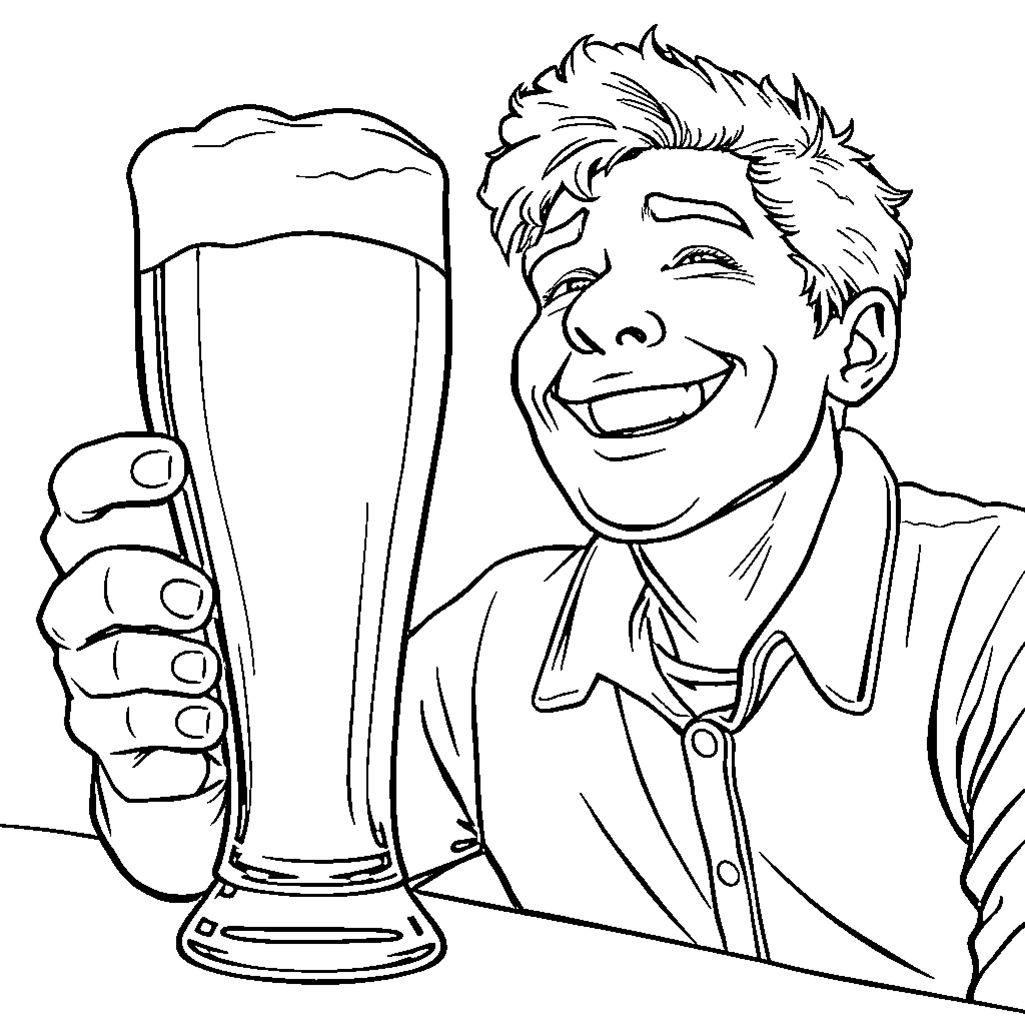 Beer-Drinking Man Enjoying Happy Moment Coloring Page (free black-and-white line drawing printable PDF for all, from beginners to advanced learners, including children, teens, adults, and seniors)