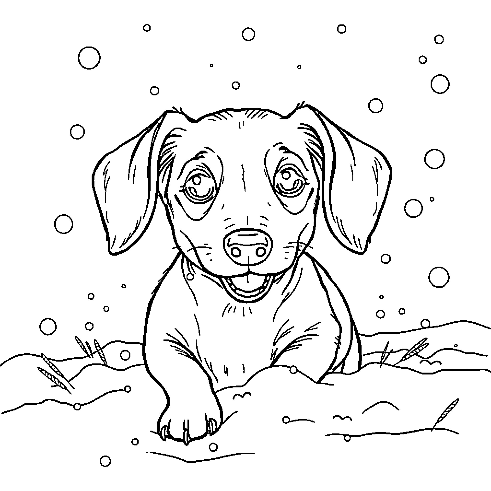 Dachshund playing in the snowy landscape Coloring Page (free black-and-white line drawing printable PDF for all, from beginners to advanced learners, including children, teens, adults, and seniors)