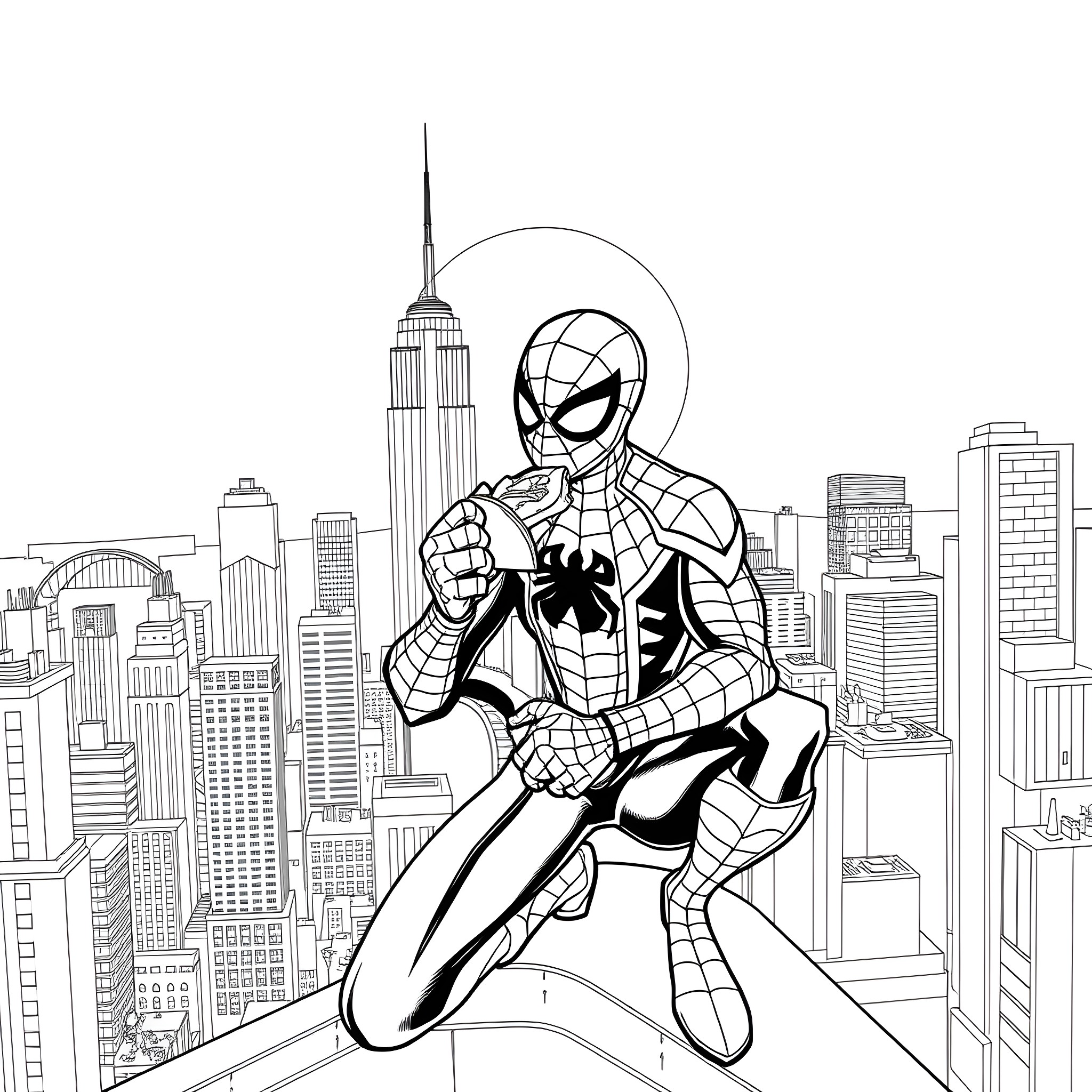 Spiderman swinging through the cityscape Coloring Page (free black-and-white line drawing printable PDF for all, from beginners to advanced learners, including children, teens, adults, and seniors)