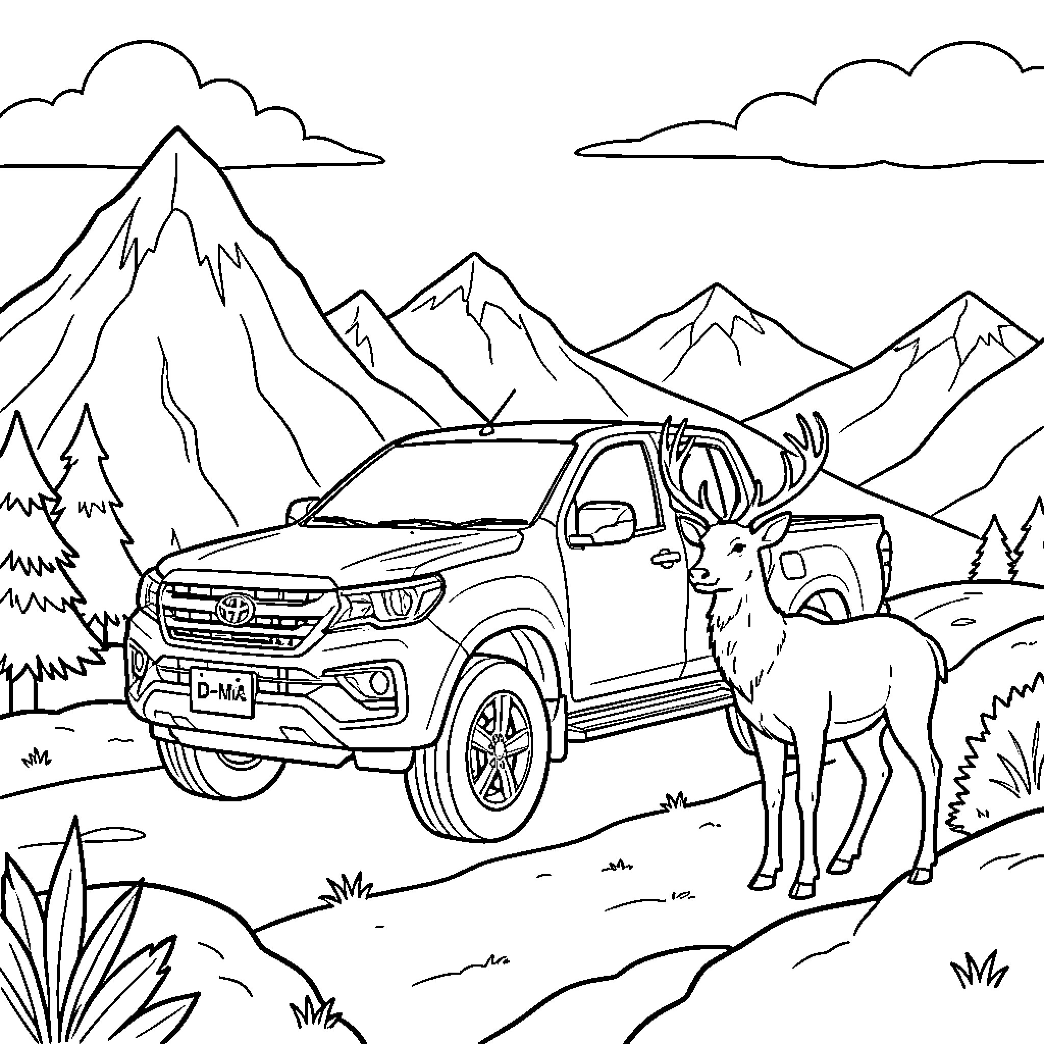 D-Max parked on a scenic mountain path near a deer Coloring Page (free black-and-white line drawing printable PDF for all, from beginners to advanced learners, including children, teens, adults, and seniors)