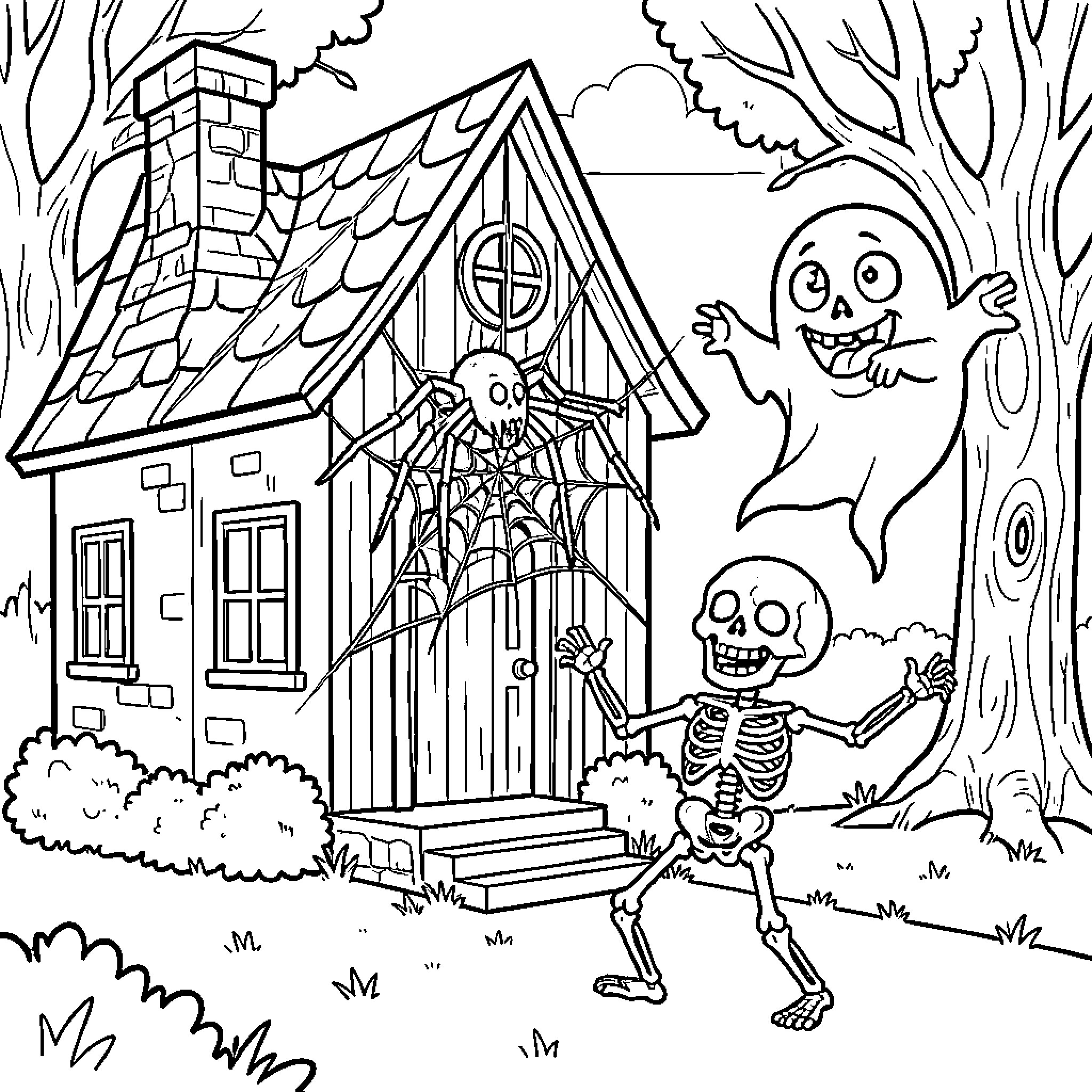 Haunted House with a dancing skeleton and a smiling ghost Coloring Page (free black-and-white line drawing printable PDF for all, from beginners to advanced learners, including children, teens, adults, and seniors)