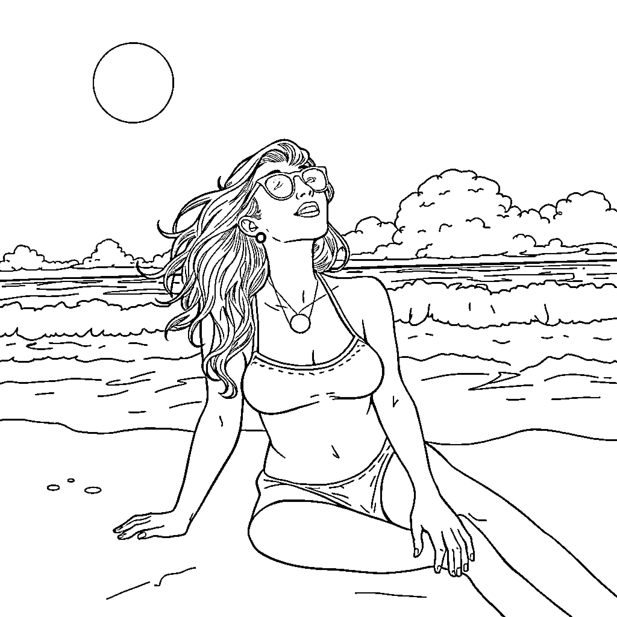 Emma Watson enjoying a sunny day at the beach Coloring Page (free black-and-white line drawing printable PDF for all, from beginners to advanced learners, including children, teens, adults, and seniors)