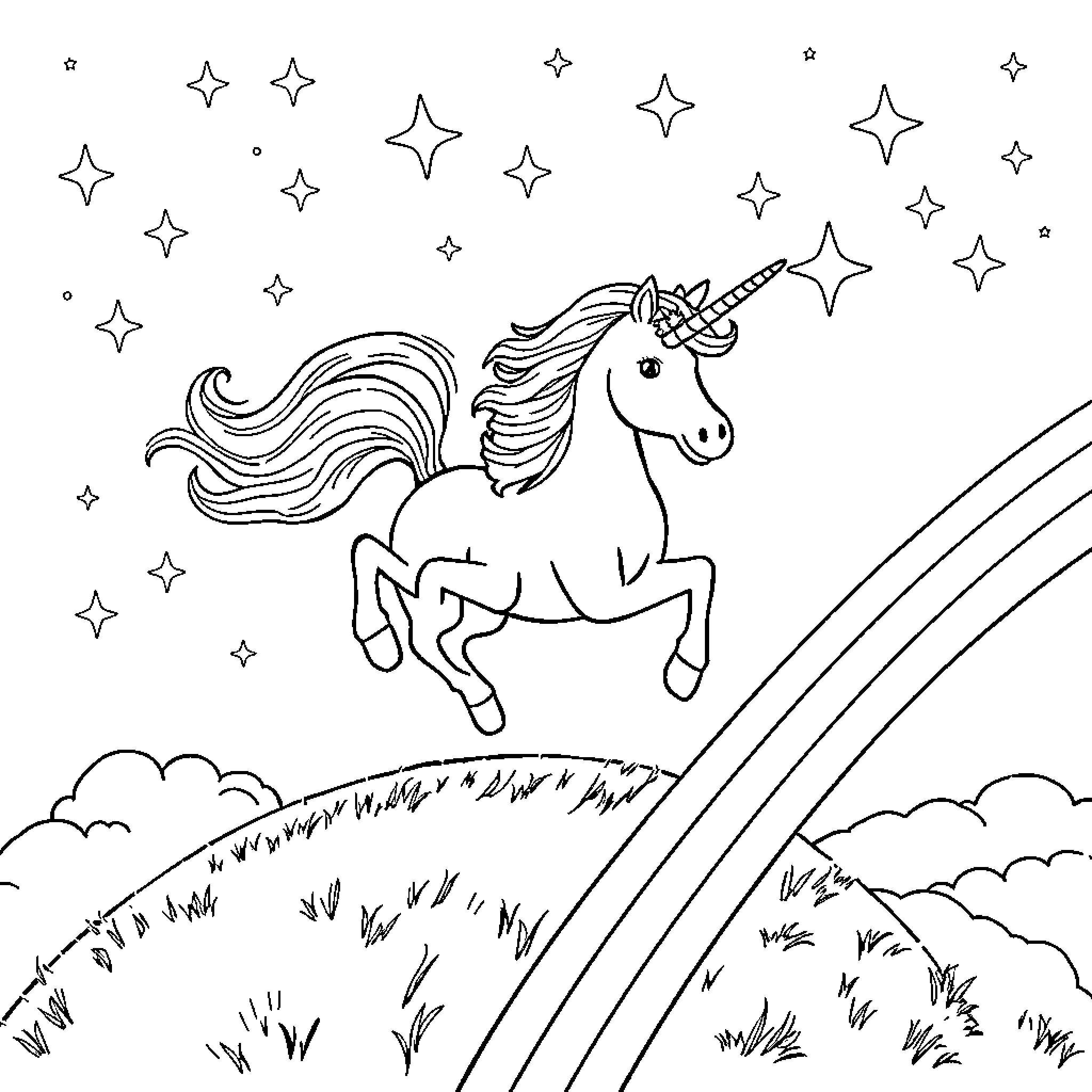 Unicorn galloping through starry night sky Coloring Page (free black-and-white line drawing printable PDF for all, from beginners to advanced learners, including children, teens, adults, and seniors)
