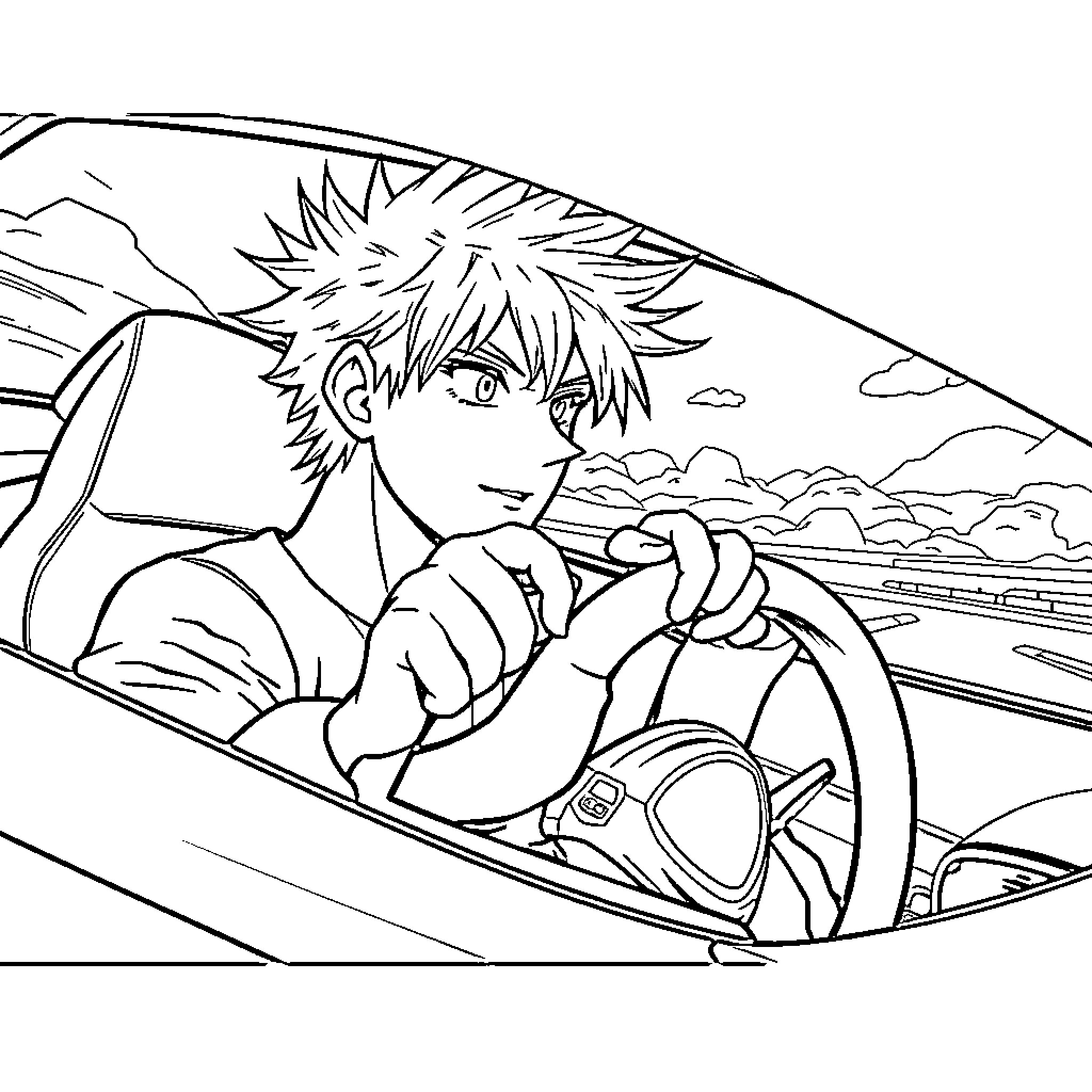 Bakugo Driving Intense Sports Car Coloring Page (free black-and-white line drawing printable PDF for all, from beginners to advanced learners, including children, teens, adults, and seniors)