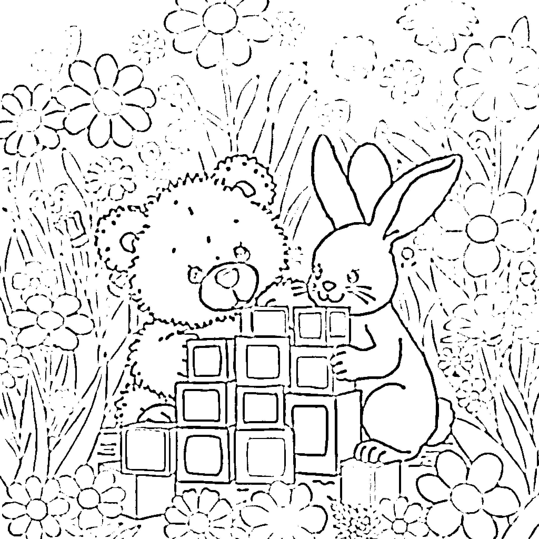 Teddy Bear Bunny Playing with Floral Elements Coloring Page (free black-and-white line drawing printable PDF for all, from beginners to advanced learners, including children, teens, adults, and seniors)