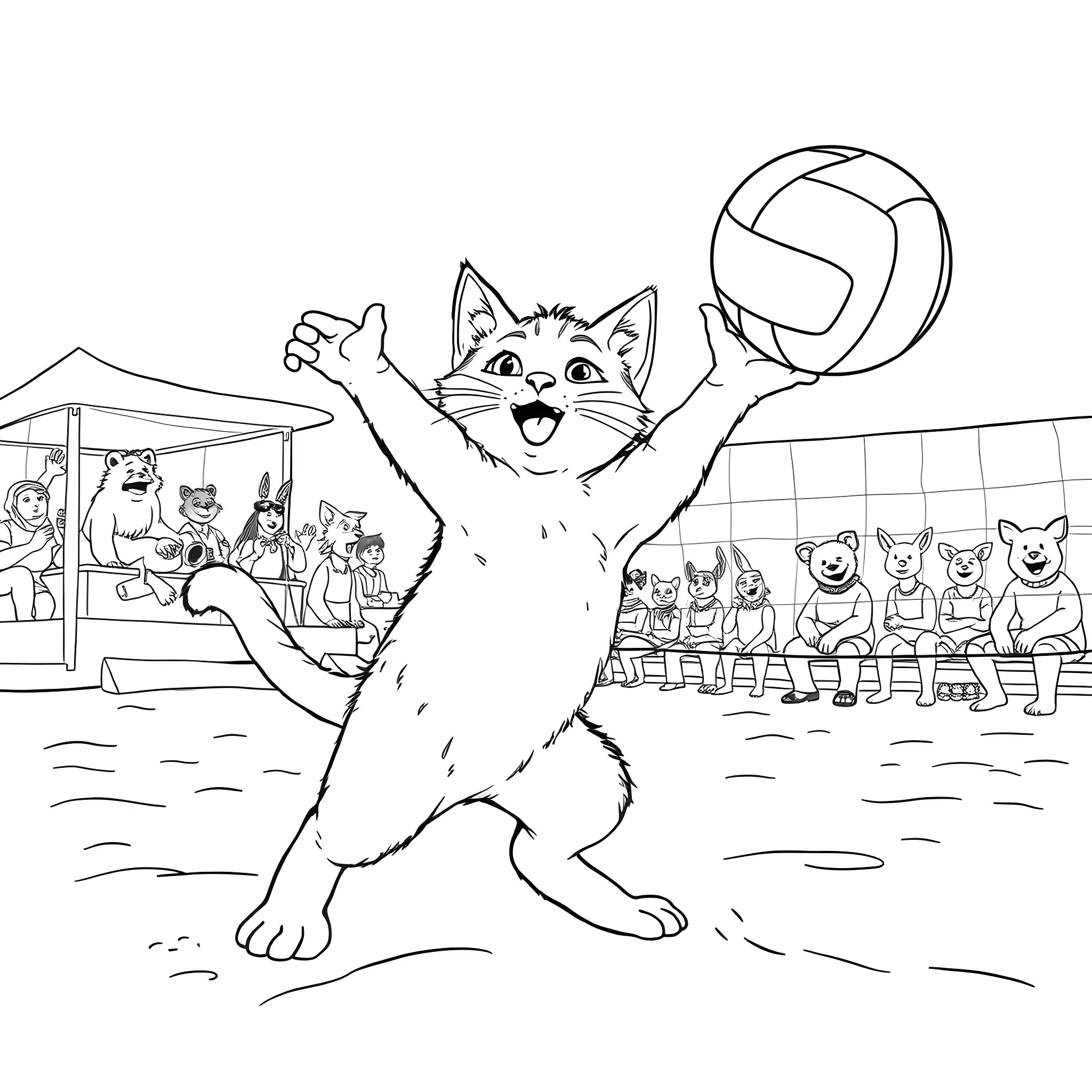Kitty playing with a volleyball at the beach Coloring Page (free black-and-white line drawing printable PDF for all, from beginners to advanced learners, including children, teens, adults, and seniors)