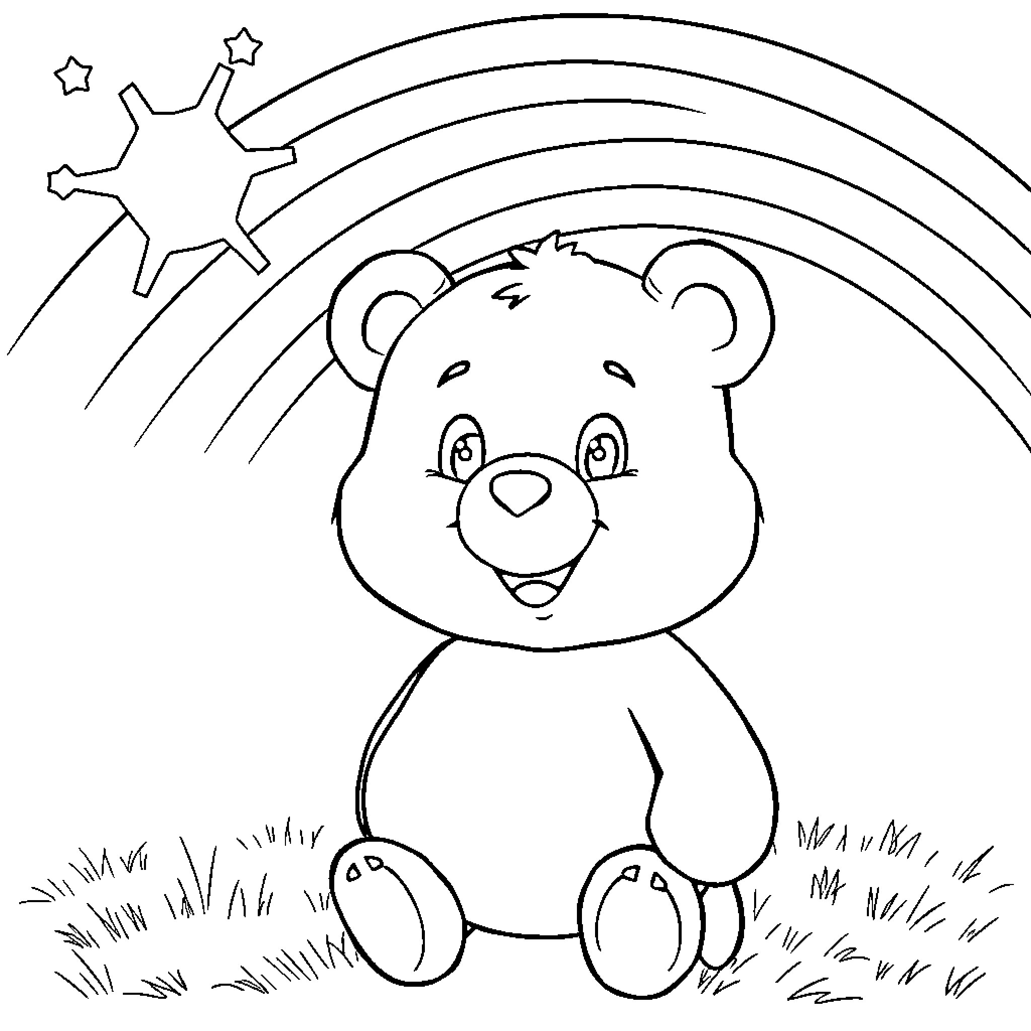 Carebear gazing at a shooting star in the night sky Coloring Page (free black-and-white line drawing printable PDF for all, from beginners to advanced learners, including children, teens, adults, and seniors)