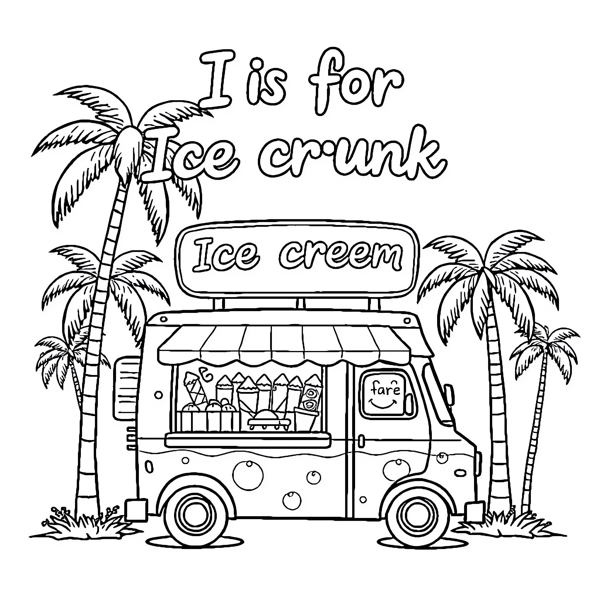 Ice Cream Truck Offering Refreshment in Tropical Paradise Coloring Page (free black-and-white line drawing printable PDF for all, from beginners to advanced learners, including children, teens, adults, and seniors)
