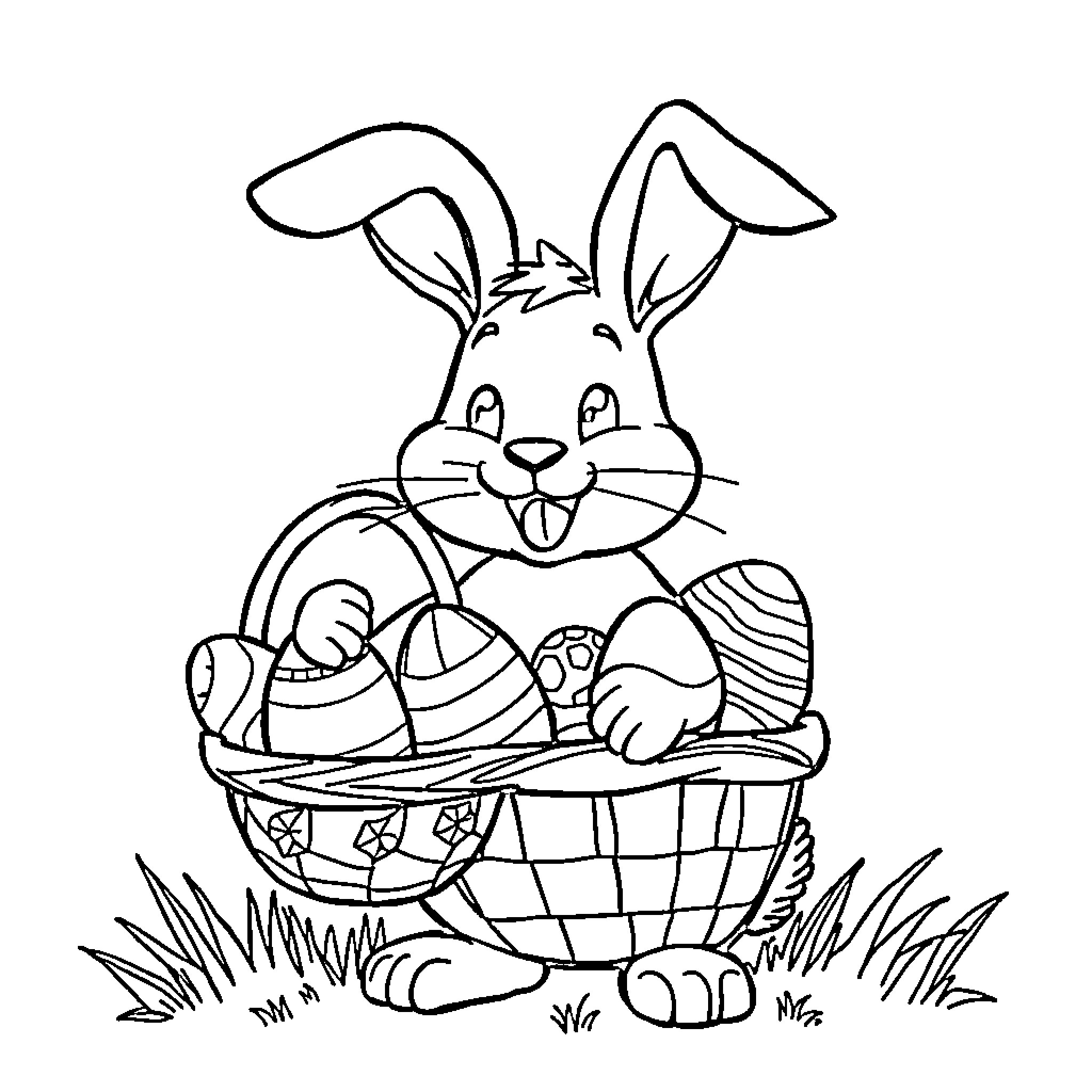 Easter Bunny with basket of decorated eggs Coloring Page (free black-and-white line drawing printable PDF for all, from beginners to advanced learners, including children, teens, adults, and seniors)