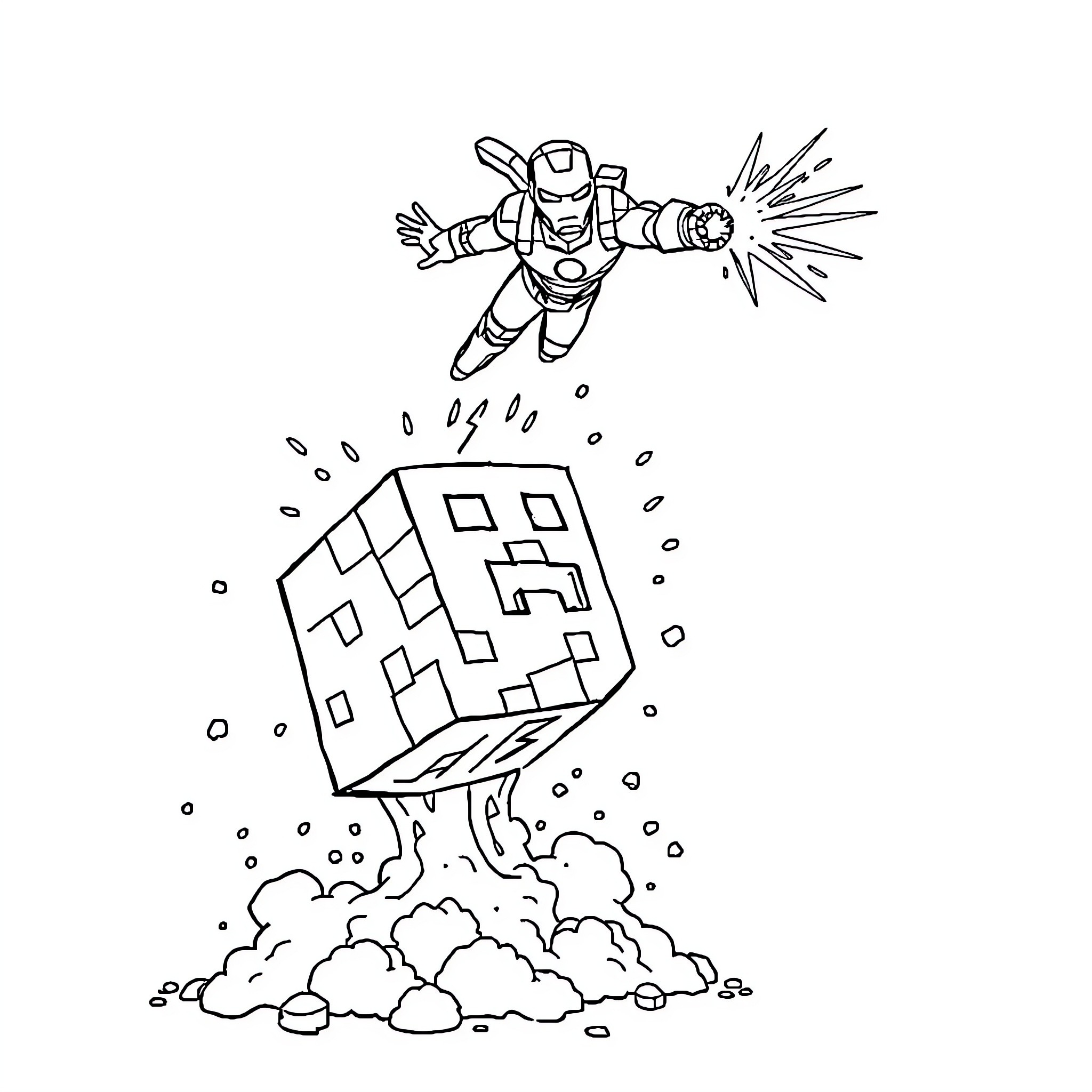 Creeper Iron Man blasting through city blocks Coloring Page (free black-and-white line drawing printable PDF for all, from beginners to advanced learners, including children, teens, adults, and seniors)