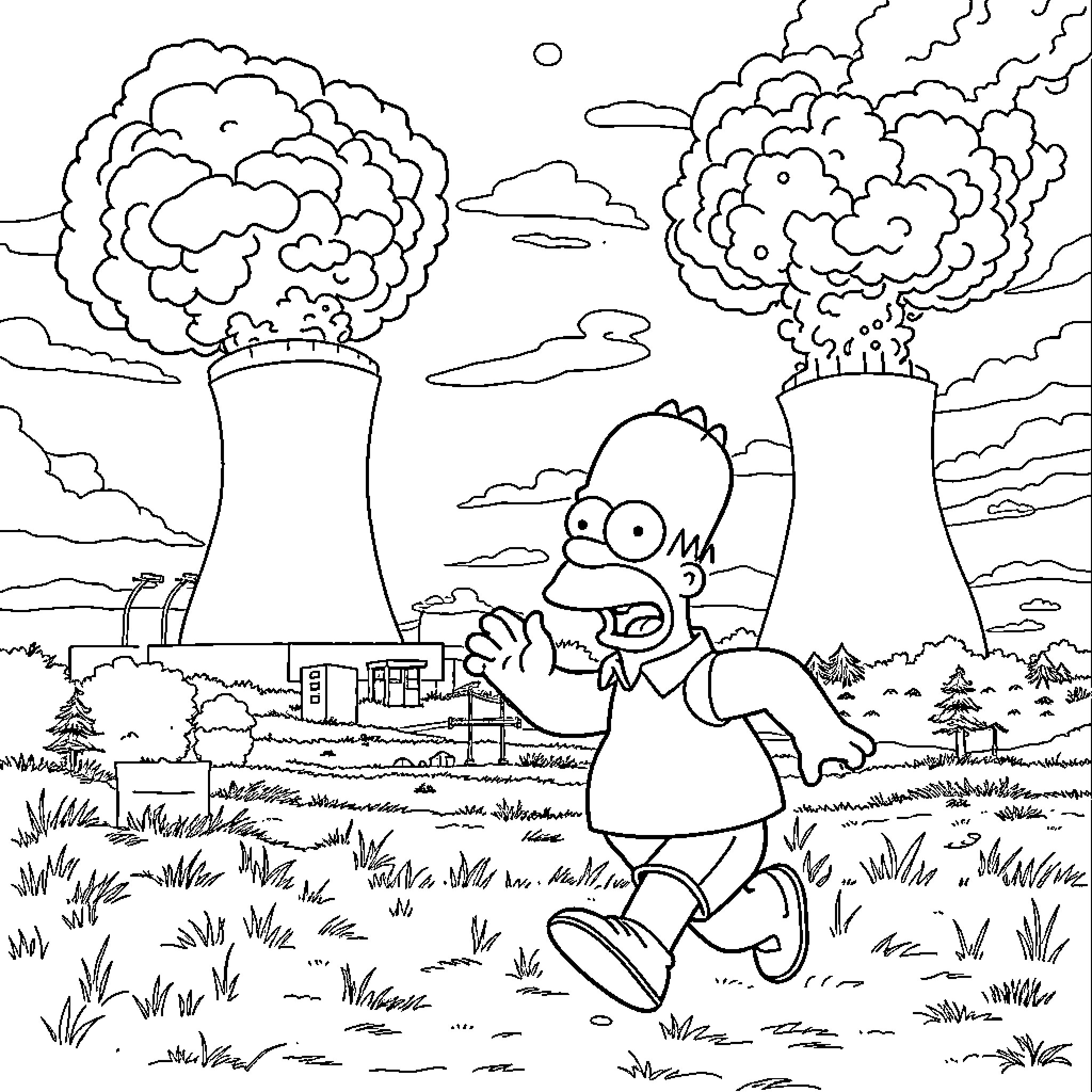 Homer Simpson freaking out in a nuclear plant Coloring Page (free black-and-white line drawing printable PDF for all, from beginners to advanced learners, including children, teens, adults, and seniors)