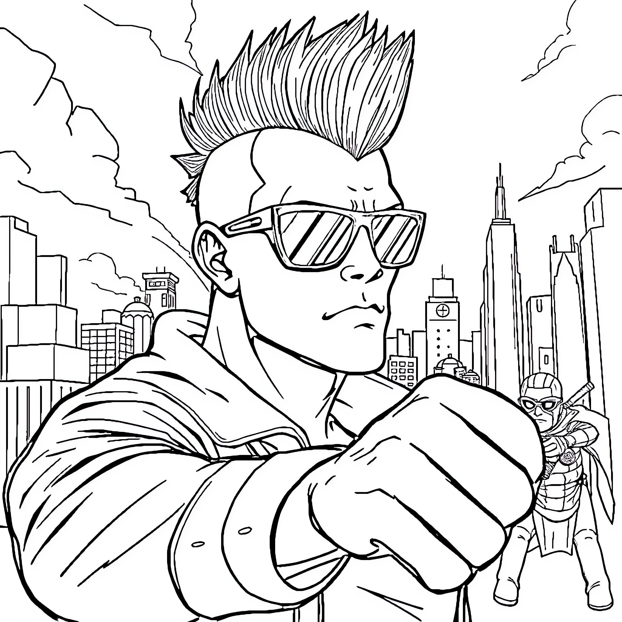 Guy with Punk Hairstyle in Urban Cityscape Coloring Page (free black-and-white line drawing printable PDF for all, from beginners to advanced learners, including children, teens, adults, and seniors)