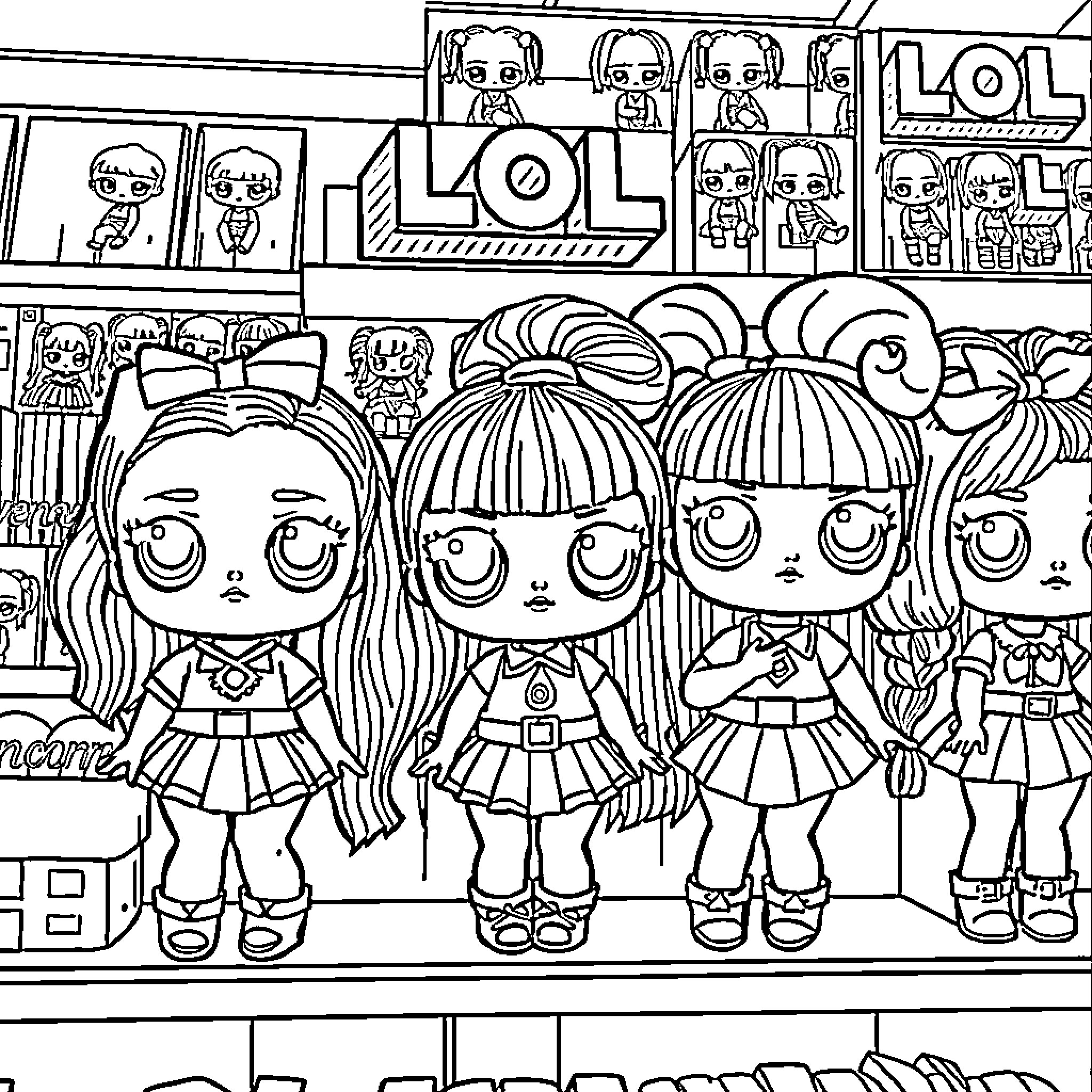 Lol Doll Friends Posing in Front of Lol Sign Coloring Page (free black-and-white line drawing printable PDF for all, from beginners to advanced learners, including children, teens, adults, and seniors)