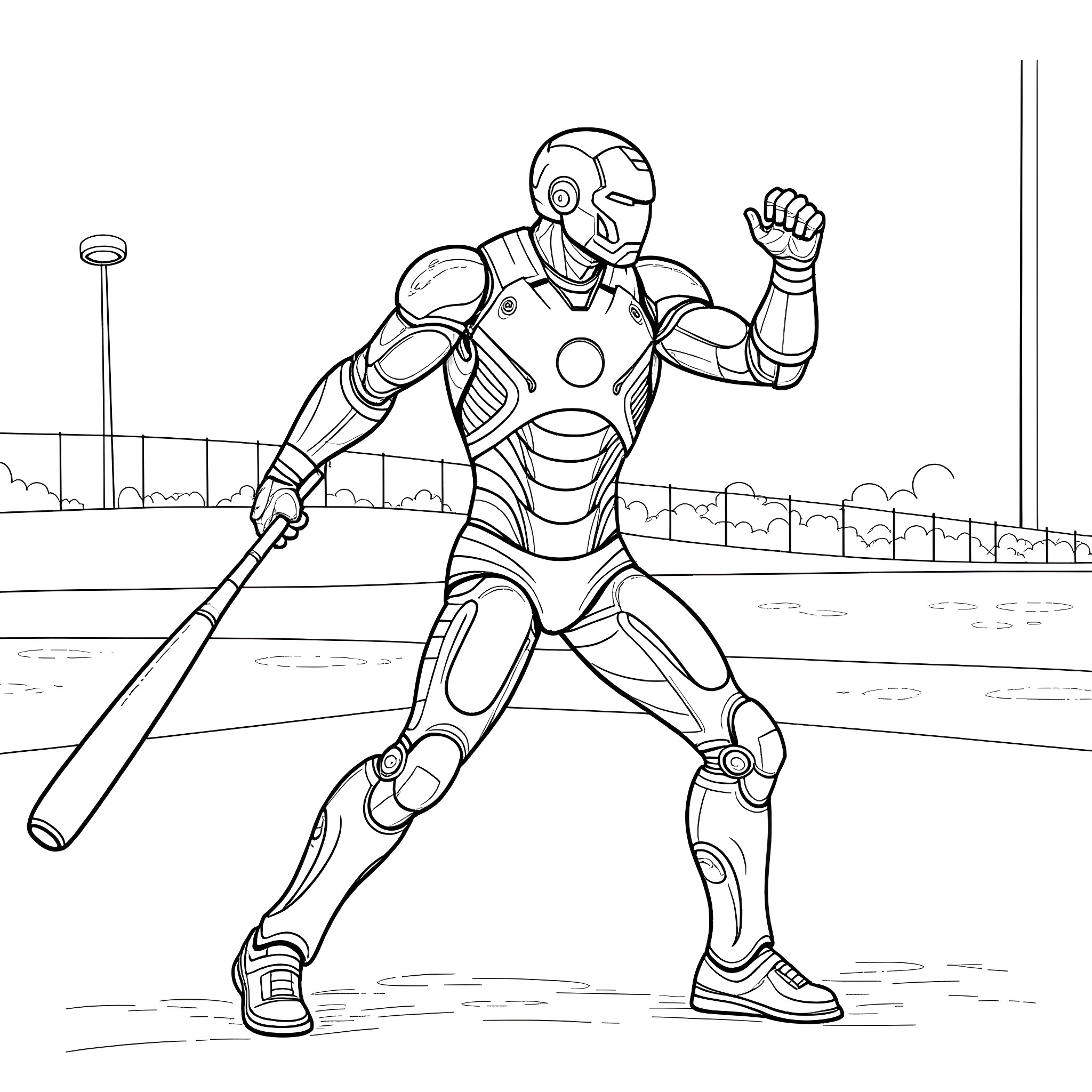 Ironman playing cricket with a bat Coloring Page (free black-and-white line drawing printable PDF for all, from beginners to advanced learners, including children, teens, adults, and seniors)