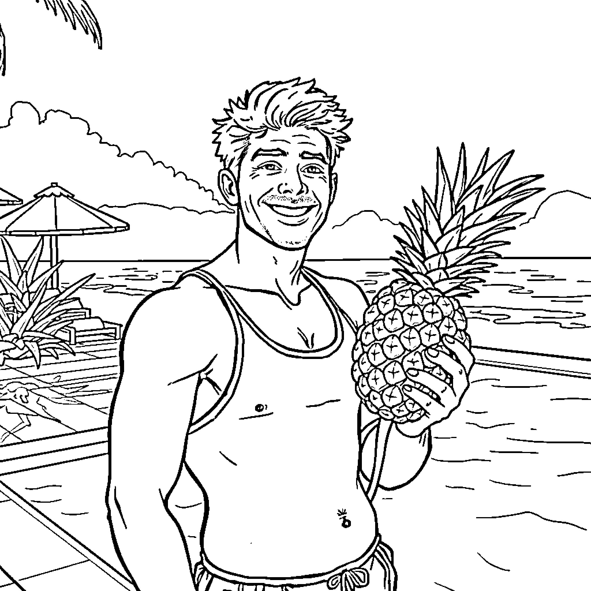 Homme enjoying beach time with pineapple Coloring Page (free black-and-white line drawing printable PDF for all, from beginners to advanced learners, including children, teens, adults, and seniors)