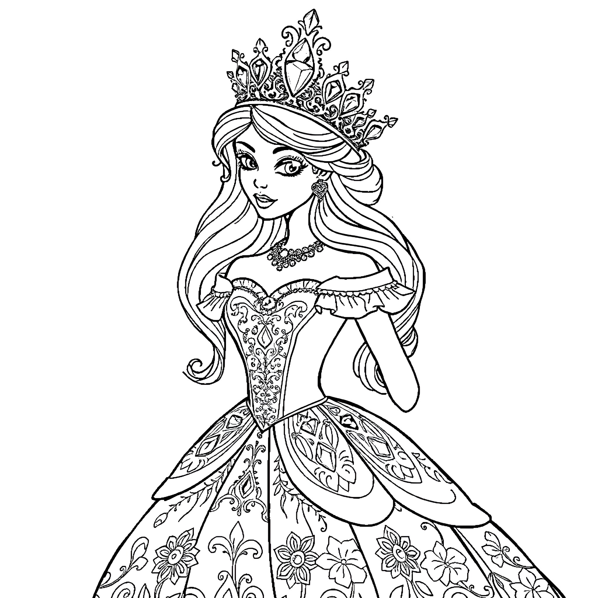 Princess in an Elegant Floral Gown and Crown Coloring Page (free black-and-white line drawing printable PDF for all, from beginners to advanced learners, including children, teens, adults, and seniors)