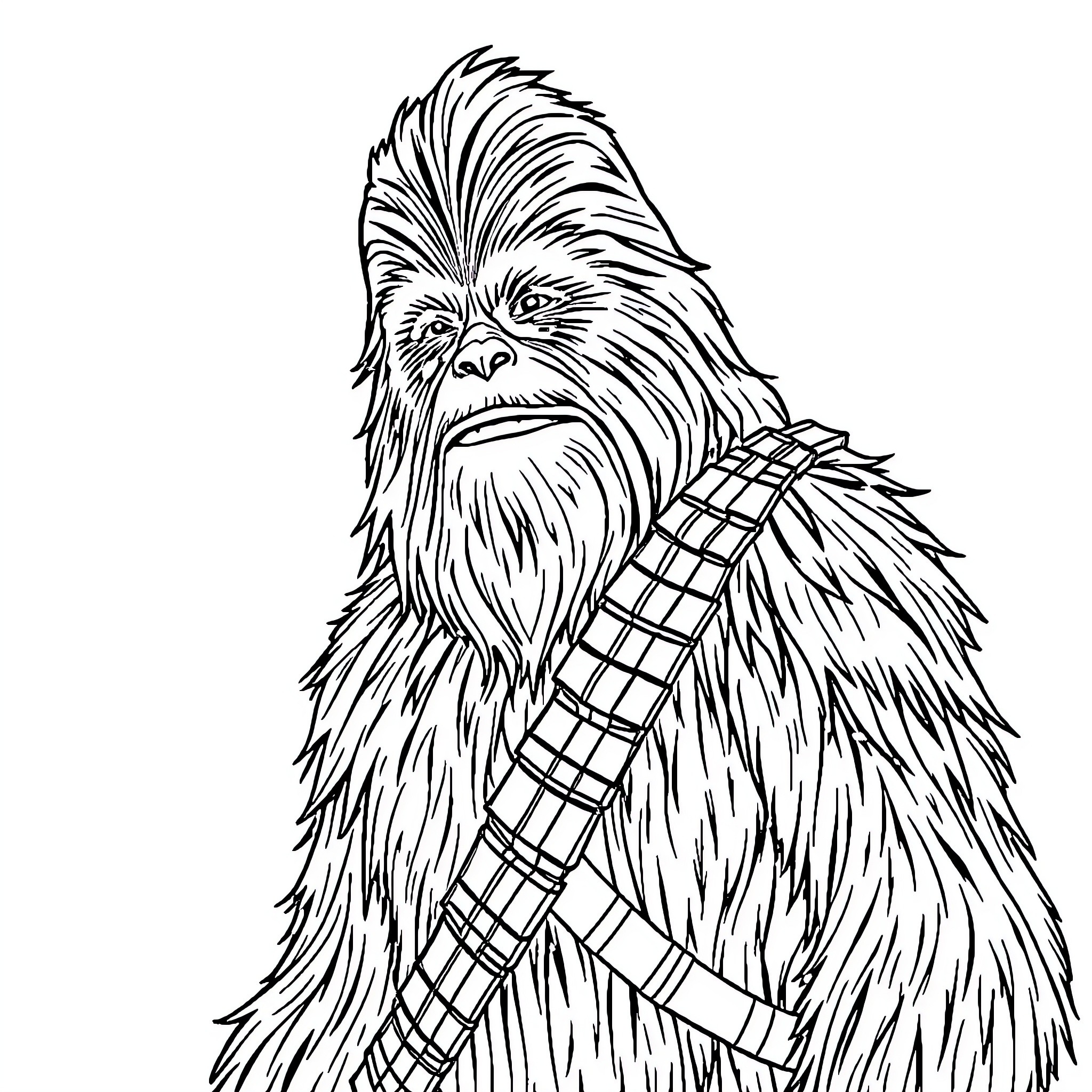 Chewbacca in fierce expression with intricate details Coloring Page (free black-and-white line drawing printable PDF for all, from beginners to advanced learners, including children, teens, adults, and seniors)
